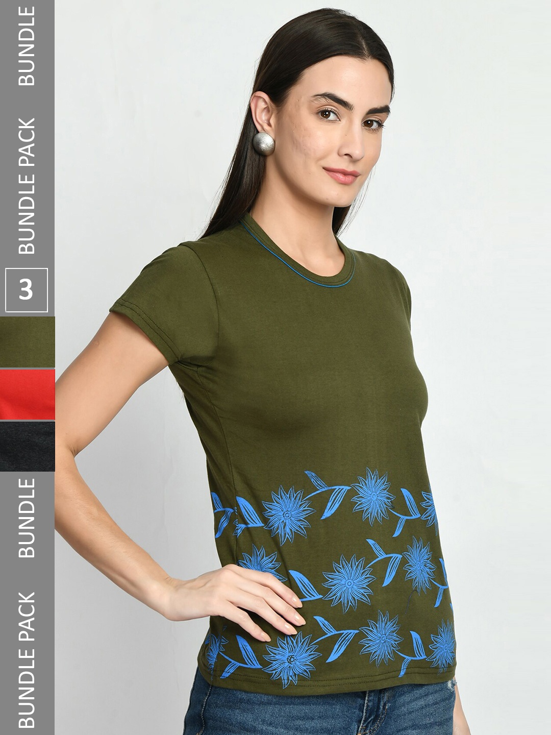 

IndiWeaves Pack Of 3 Printed Pure Cotton T-shirt, Olive