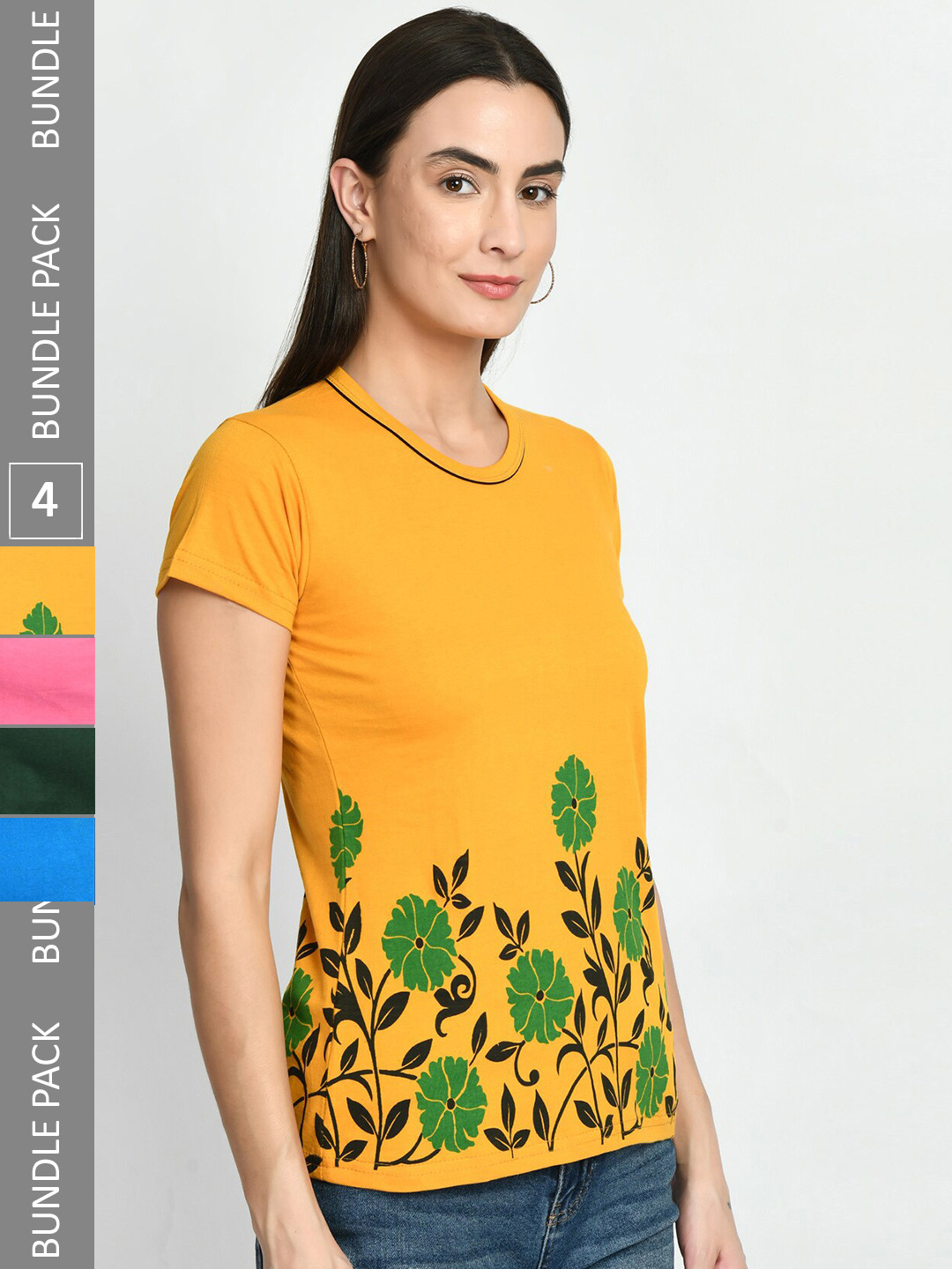 

IndiWeaves Pack Of 4 Printed Pure Cotton T-shirt, Mustard