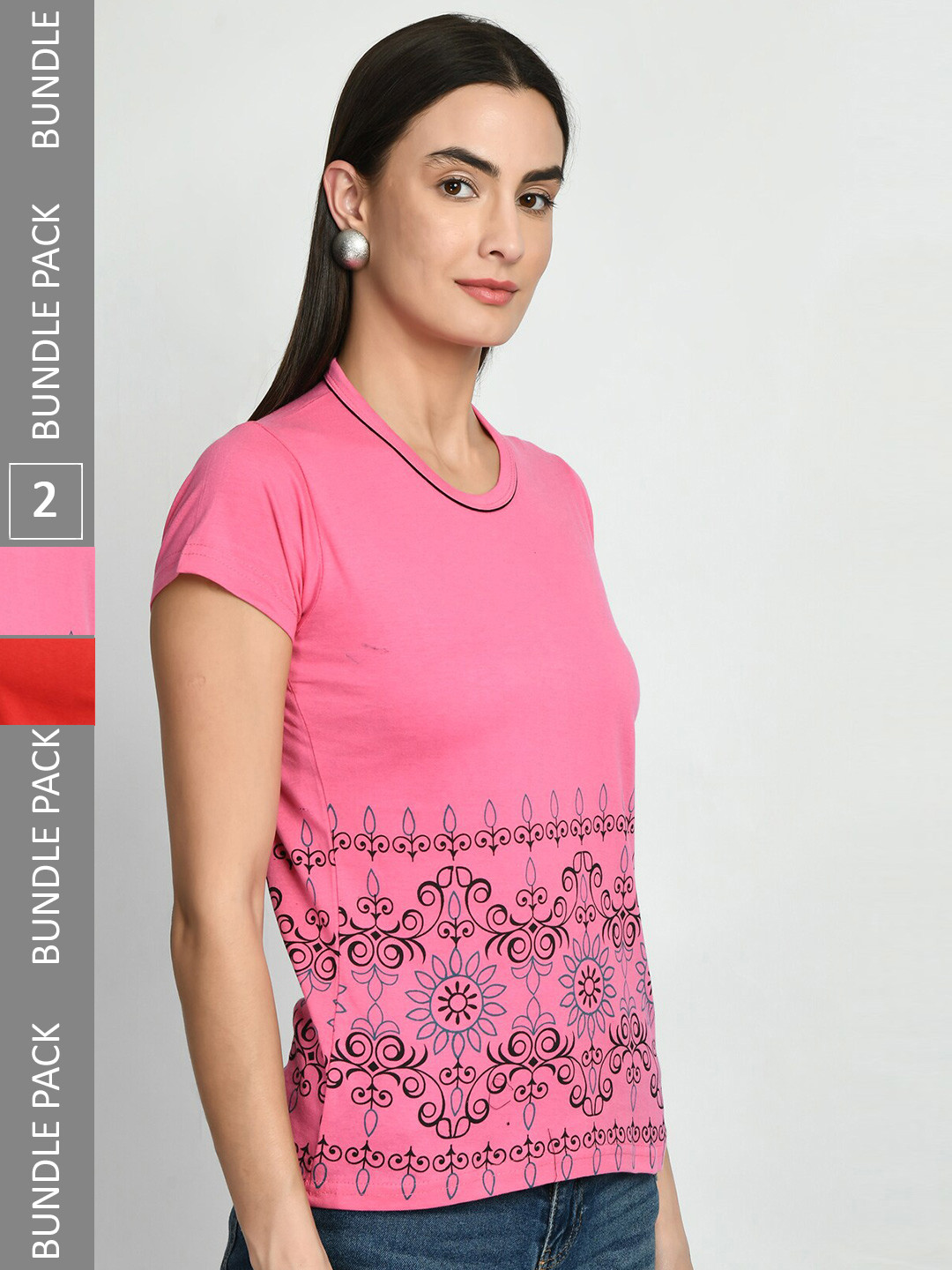 

IndiWeaves Pack Of 2 Printed Pure Cotton T-shirt, Pink