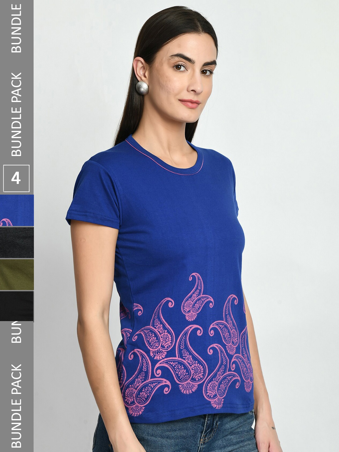 

IndiWeaves Pack Of 4 Floral Printed Cotton T-shirt, Blue