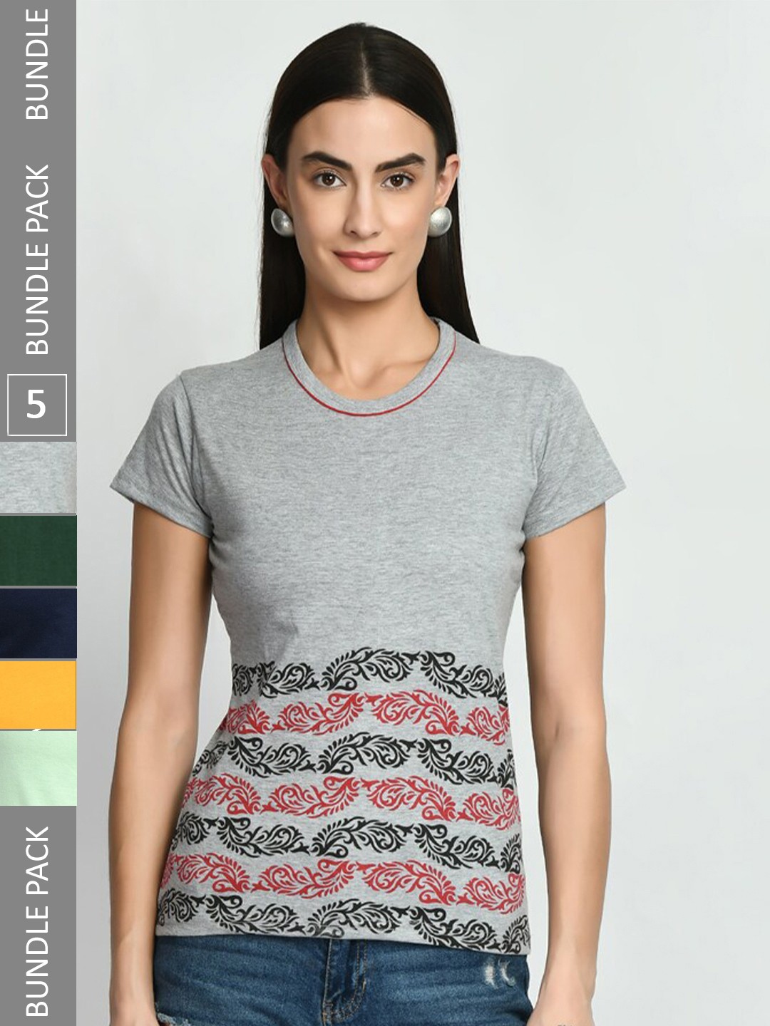 

IndiWeaves Pack Of 5 Floral Printed Pure Cotton T-shirt, Grey