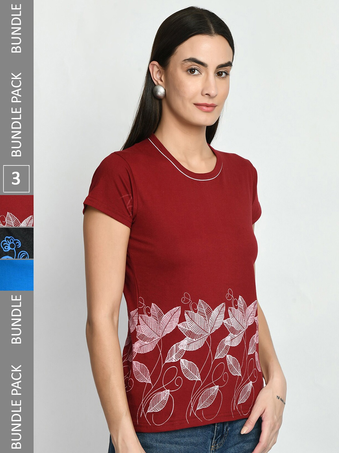 

IndiWeaves Pack Of 3 Printed Pure Cotton T-shirt, Maroon
