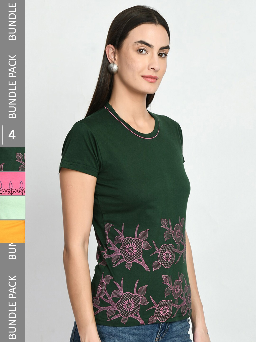 

IndiWeaves Pack Of 4 Floral Printed Cotton T-shirt, Olive