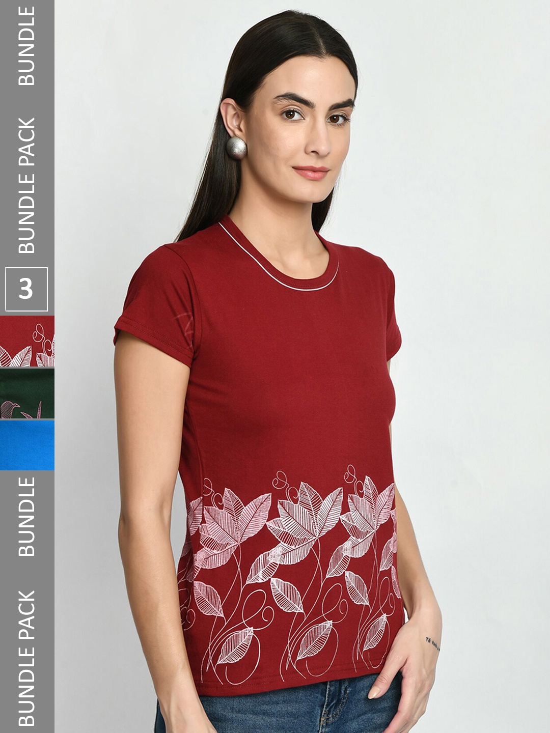 

IndiWeaves Pack Of 3 Printed Cotton T-shirt, Maroon