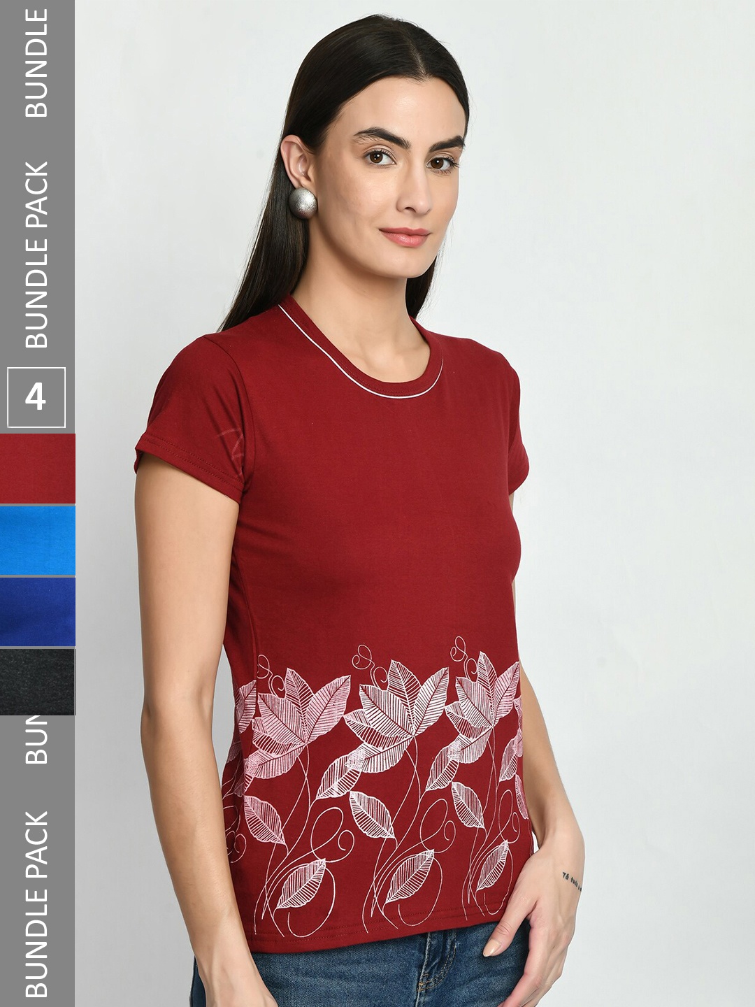 

IndiWeaves Pack Of 4 Floral Printed Pure Cotton T-shirt, Maroon