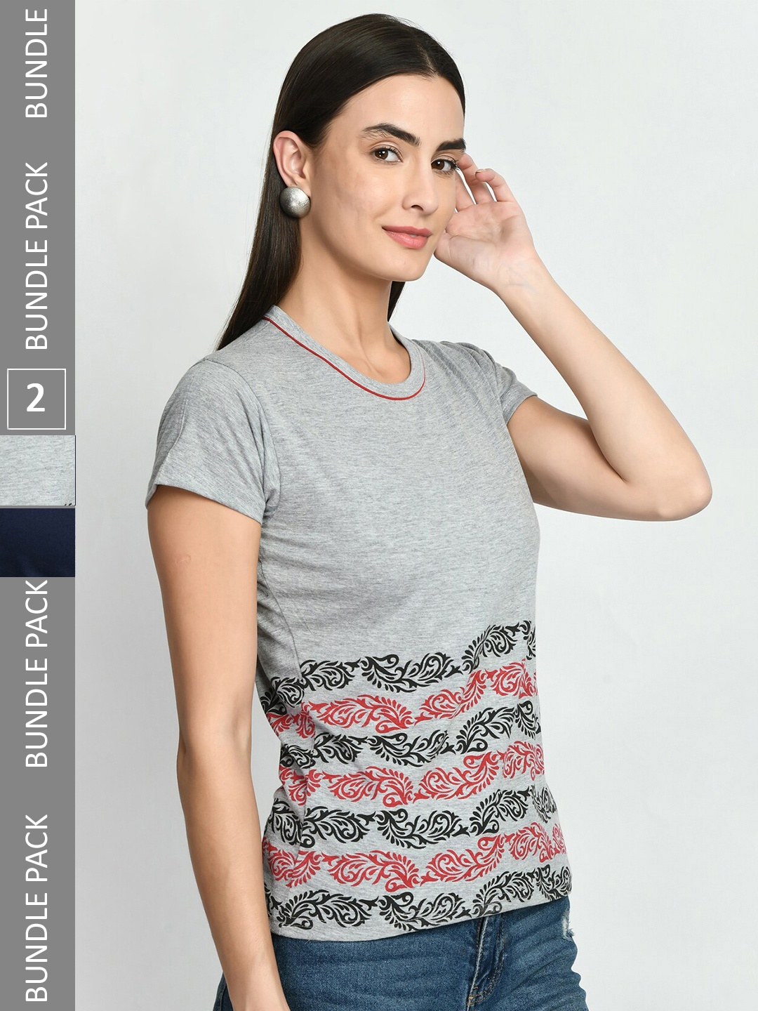 

IndiWeaves Pack Of 2 Graphic Printed Pure Cotton T-shirt, Grey melange