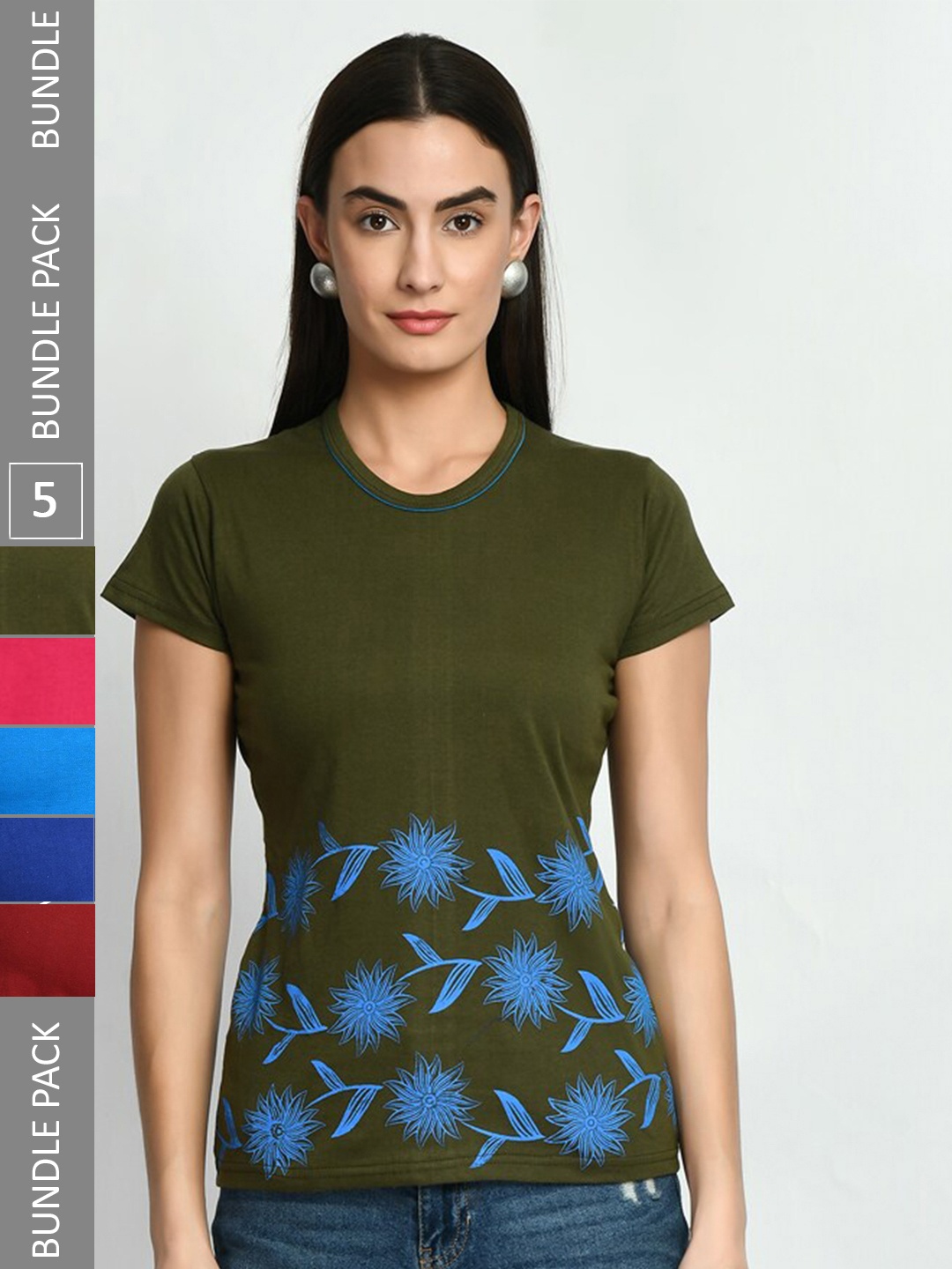 

IndiWeaves Pack Of 5 Printed Pure Cotton T-shirt, Green