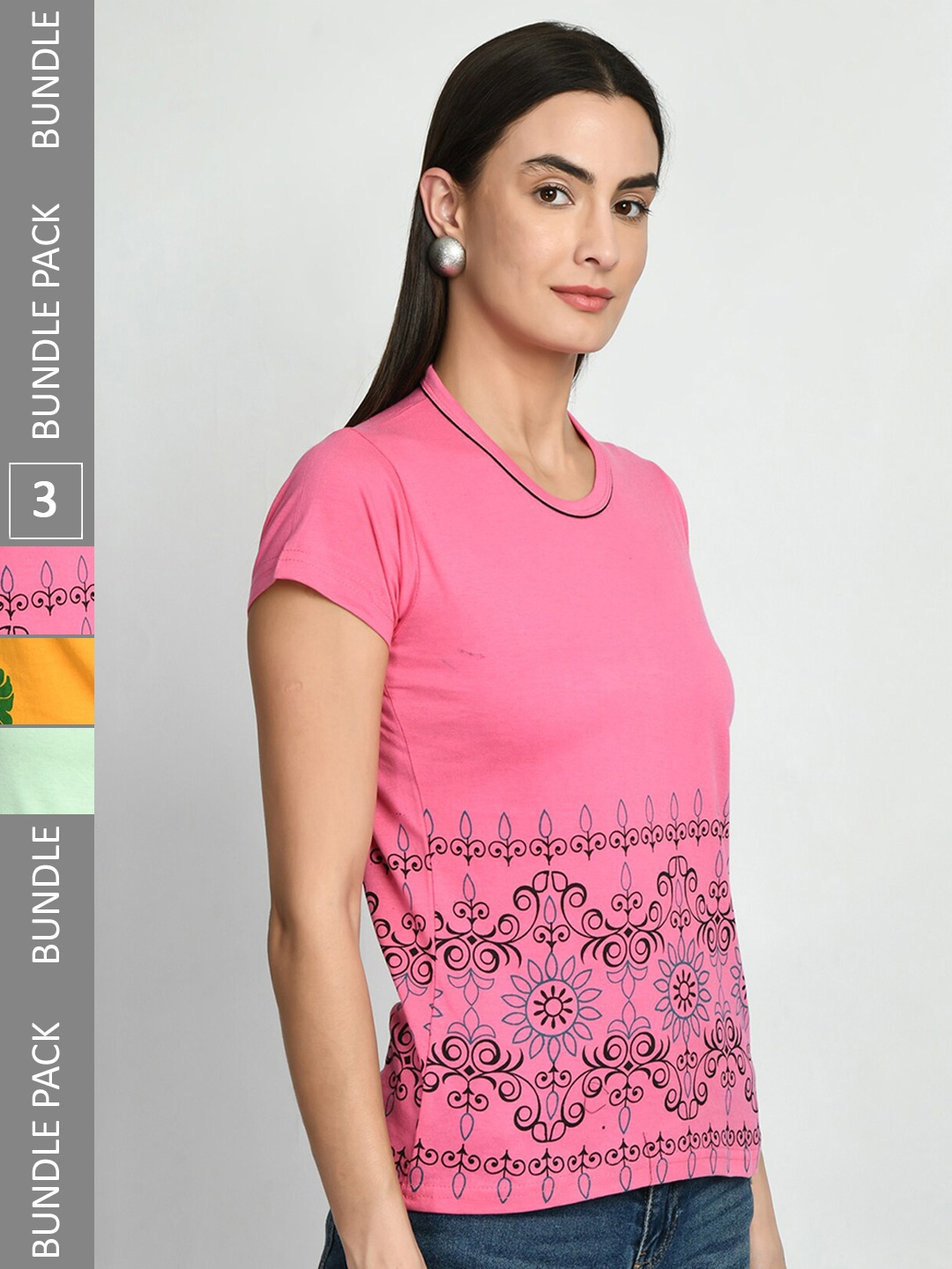 

IndiWeaves Pack Of 3 Printed Cotton T-shirt, Pink