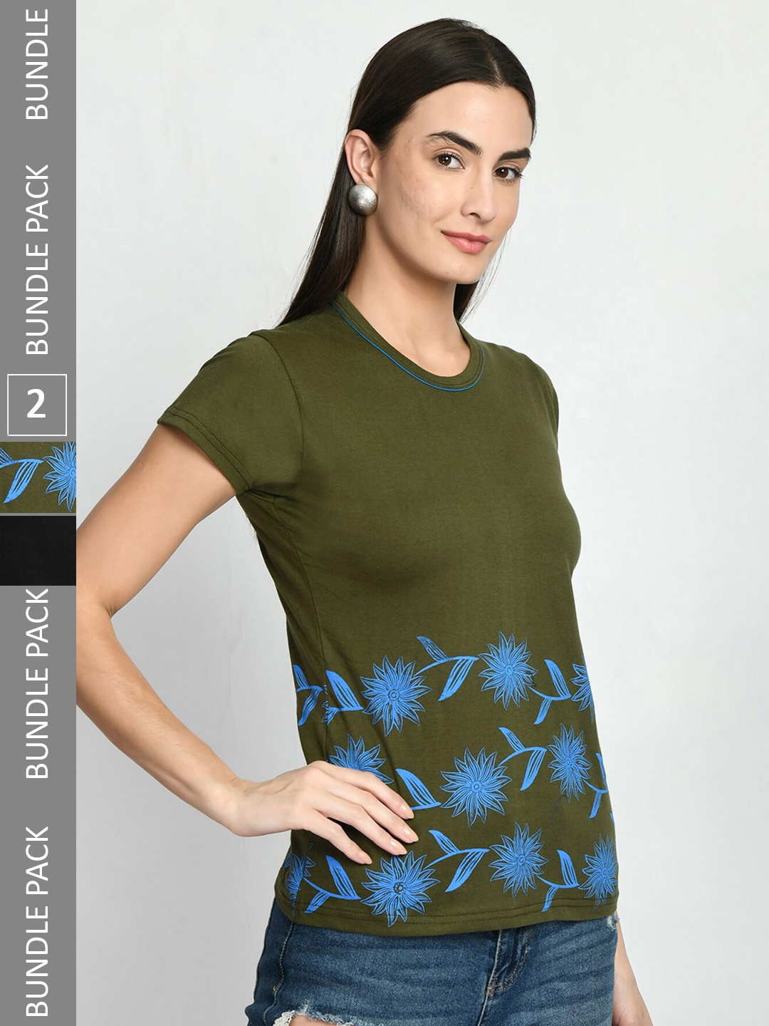 

IndiWeaves Women Pack Of 2 Printed Cotton T-shirt, Green
