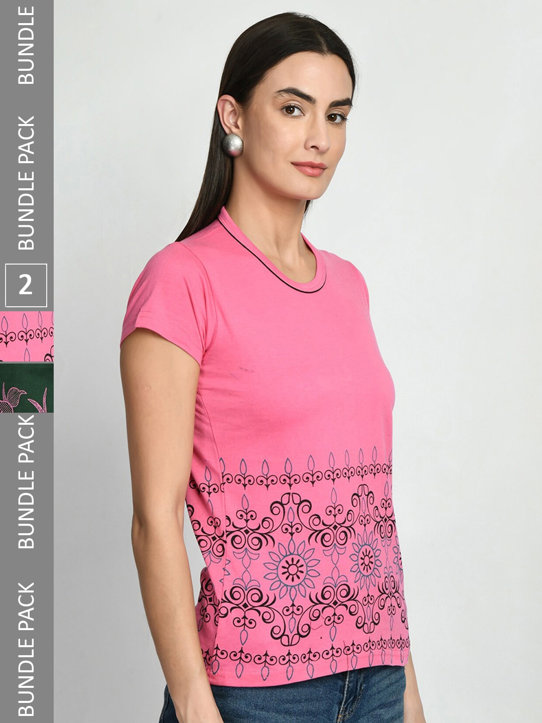 

IndiWeaves Pack Of 2 Floral Printed Pure Cotton T-shirts, Pink