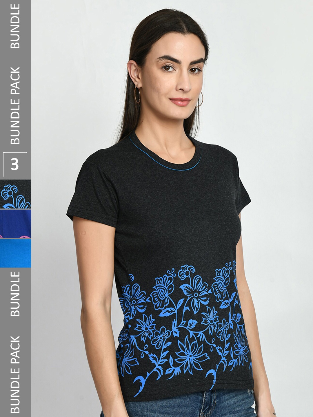 

IndiWeaves Pack Of 3 Printed Pure Cotton T-shirt, Black
