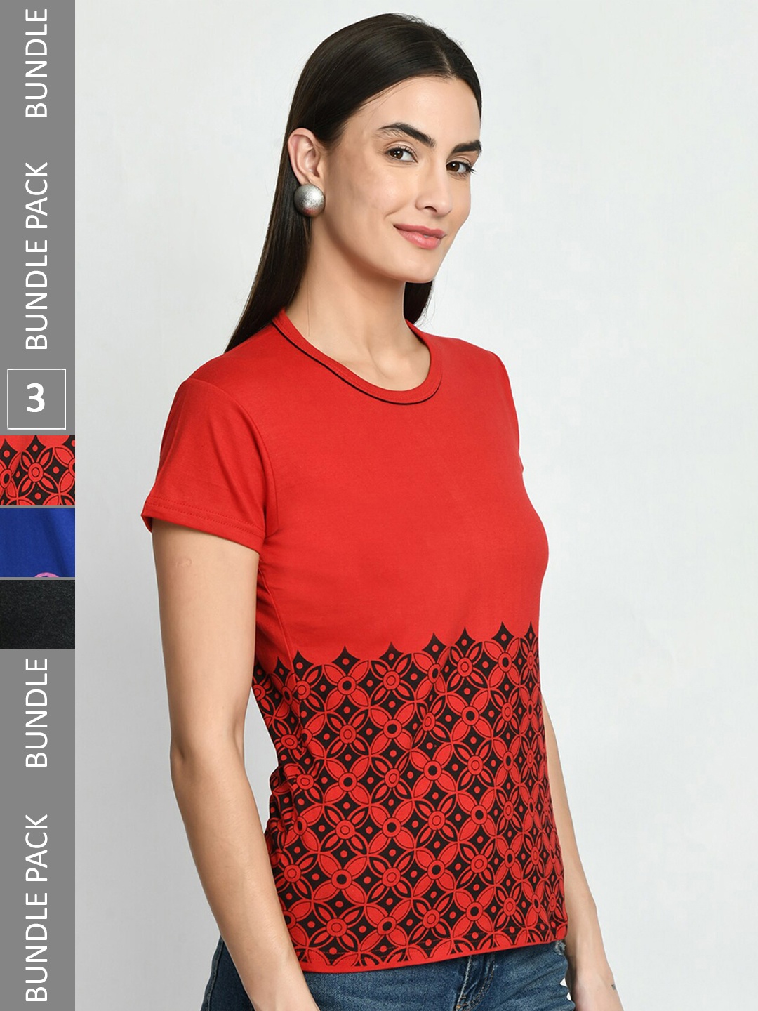 

IndiWeaves Women Pack Of 5 Printed Cotton T-shirt, Red