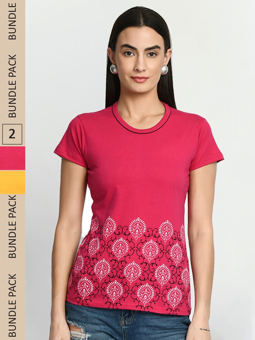

IndiWeaves Pack Of 2 Printed Cotton T-shirt, Pink