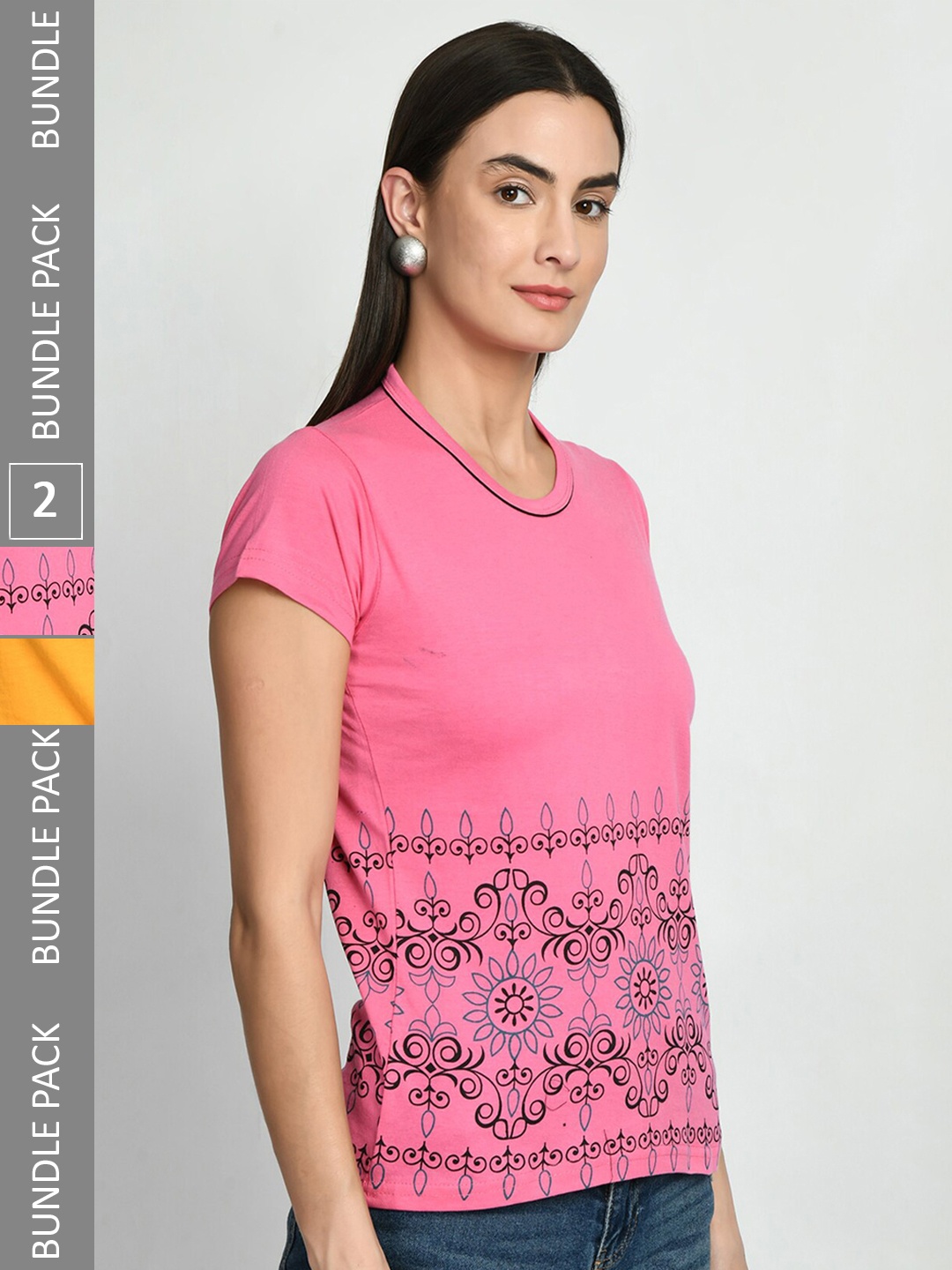

IndiWeaves Pack Of 2 Floral Printed Pure Cotton T-shirt, Pink