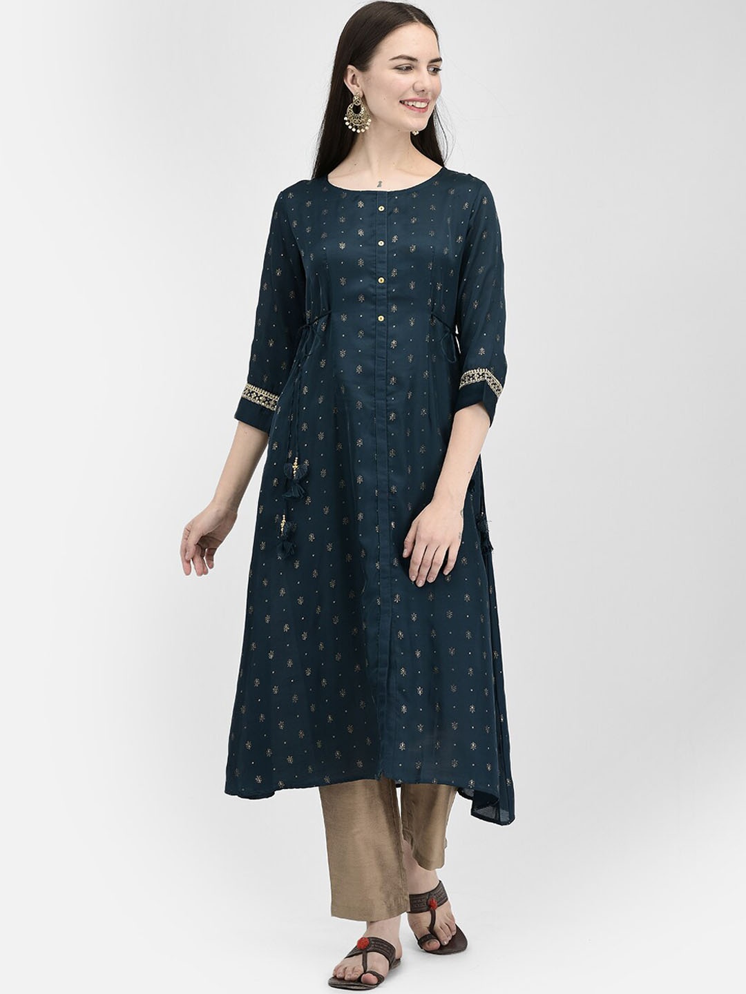 

Span Ethnic Motifs Printed Calf Length A-Line Kurta, Navy blue
