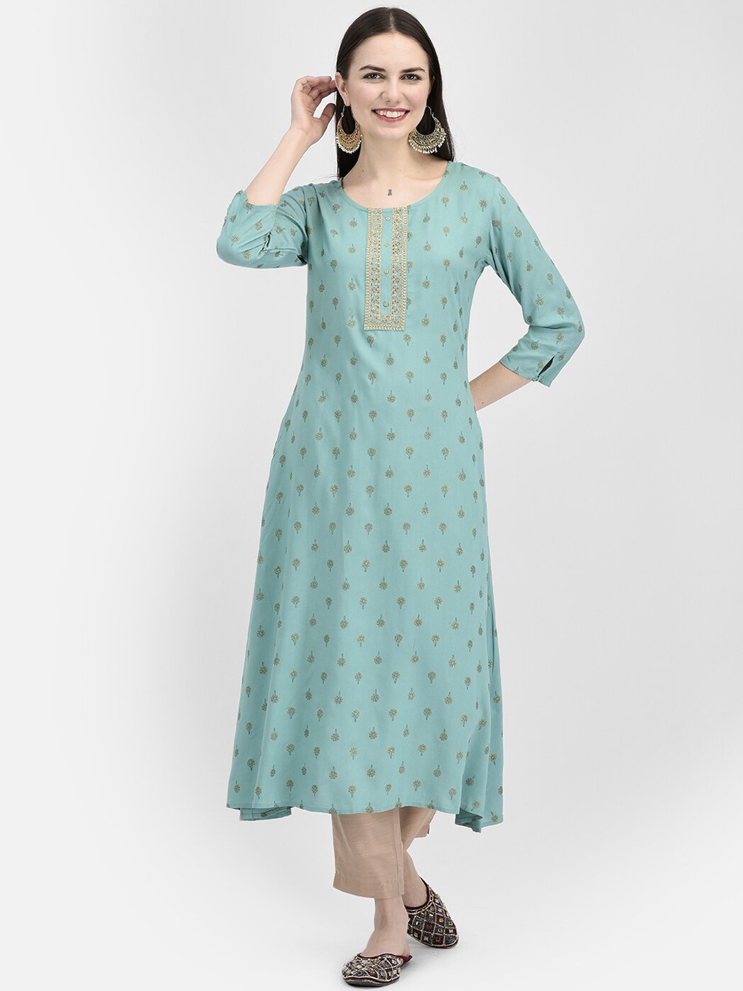 

Span Ethnic Motif Embroidered Calf Length A-Line Kurta, Blue