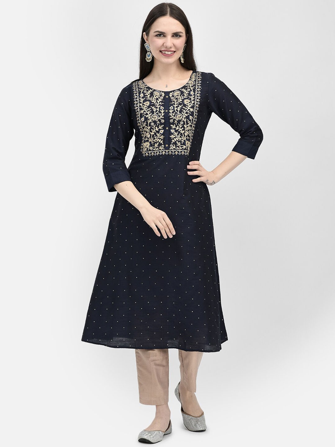 

Span Yoke Design Embroidered Calf Length A-Line Kurta, Navy blue