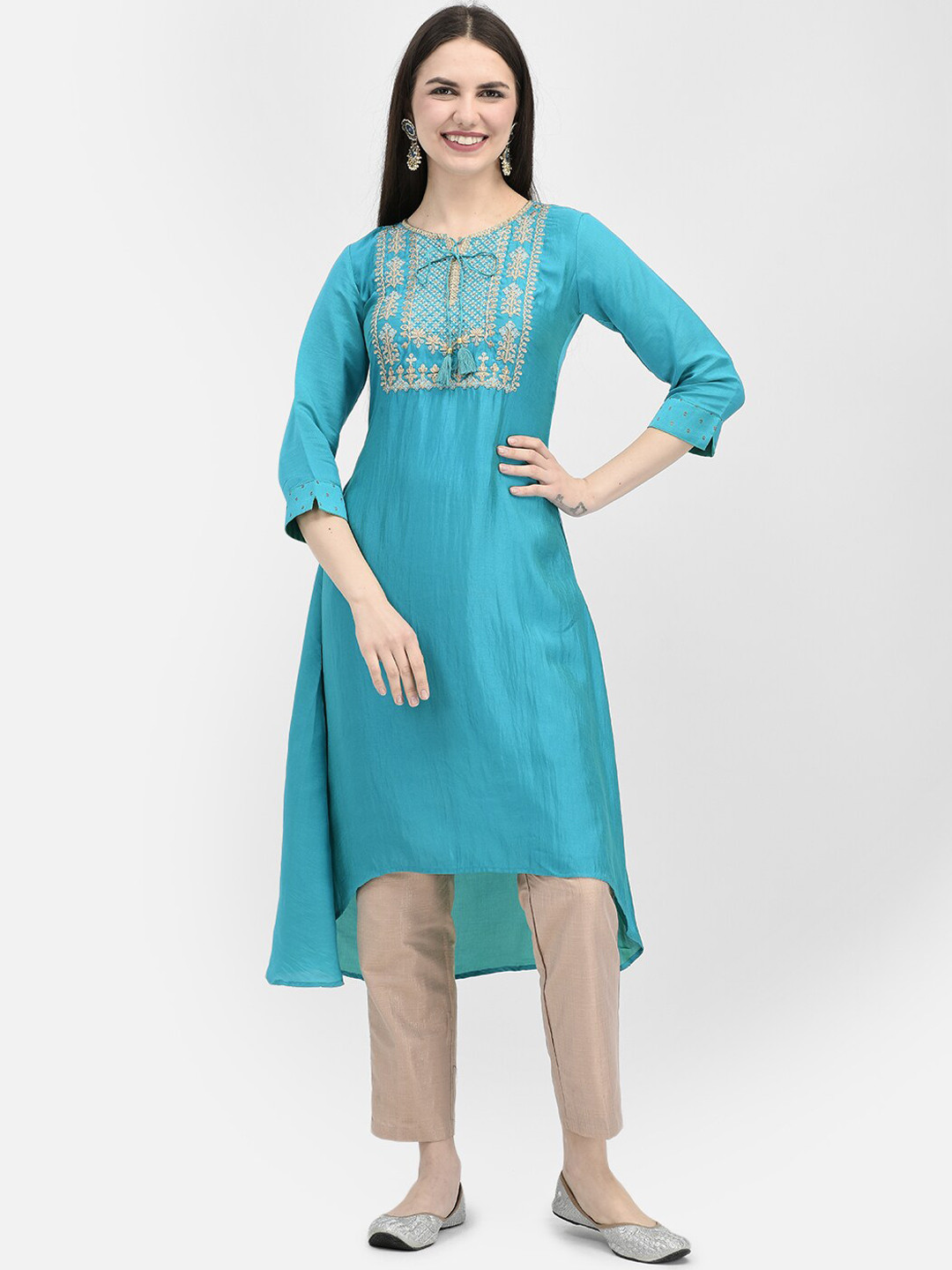 

Span Ethnic Motifs Embroidered Tie-Up Neck High-Low A-Line Kurta, Blue