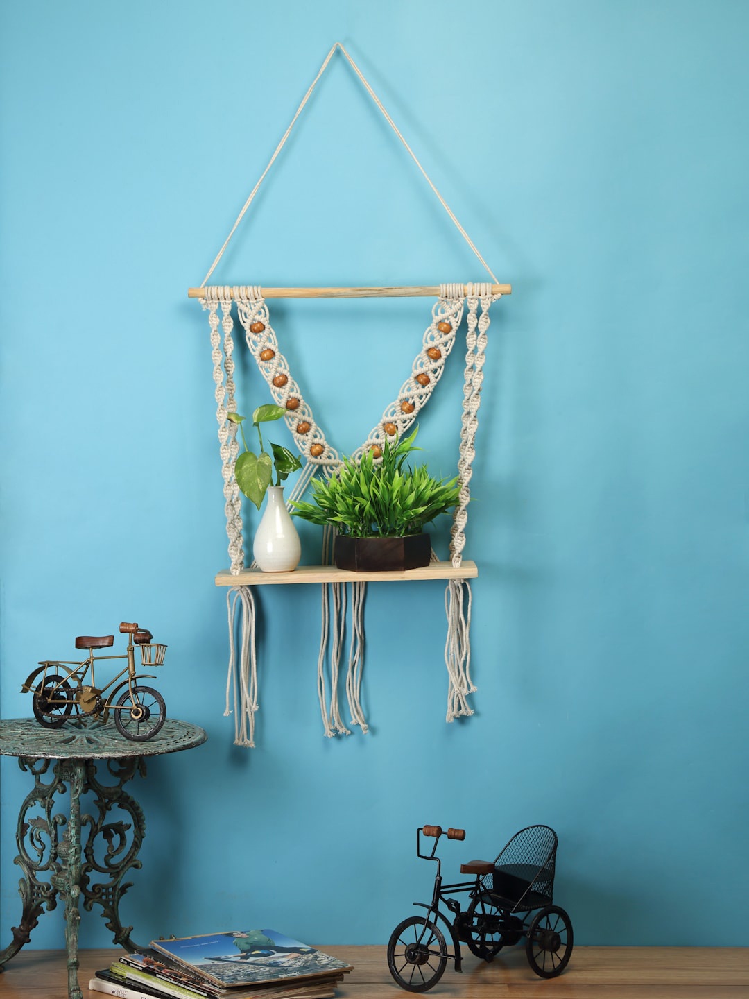 

FABINALIV Abstract Macrame Wall Hanging Shelf With Beads, Off white
