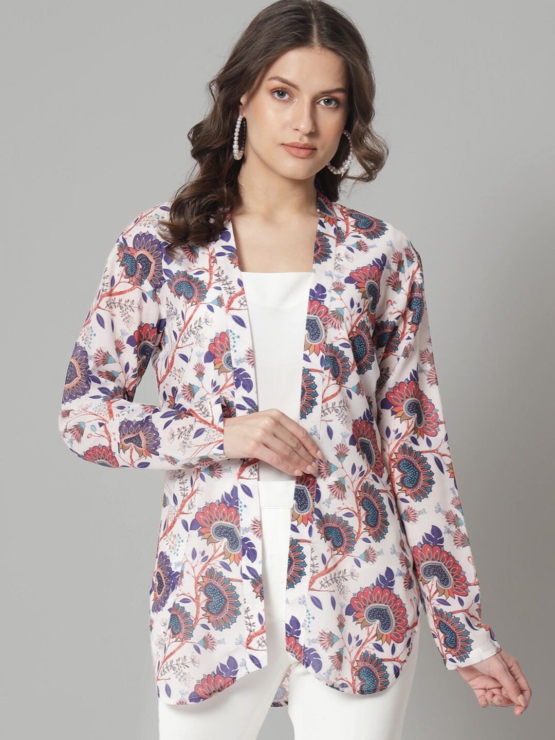 

PowerSutra Floral Lightweight Cotton Longline Open Front Jacket, White
