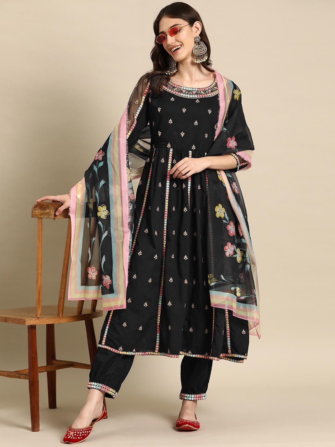 

Sangria Women Embroidered Mirror Work Pure Cotton Kurta with Trousers & With Dupatta, Black