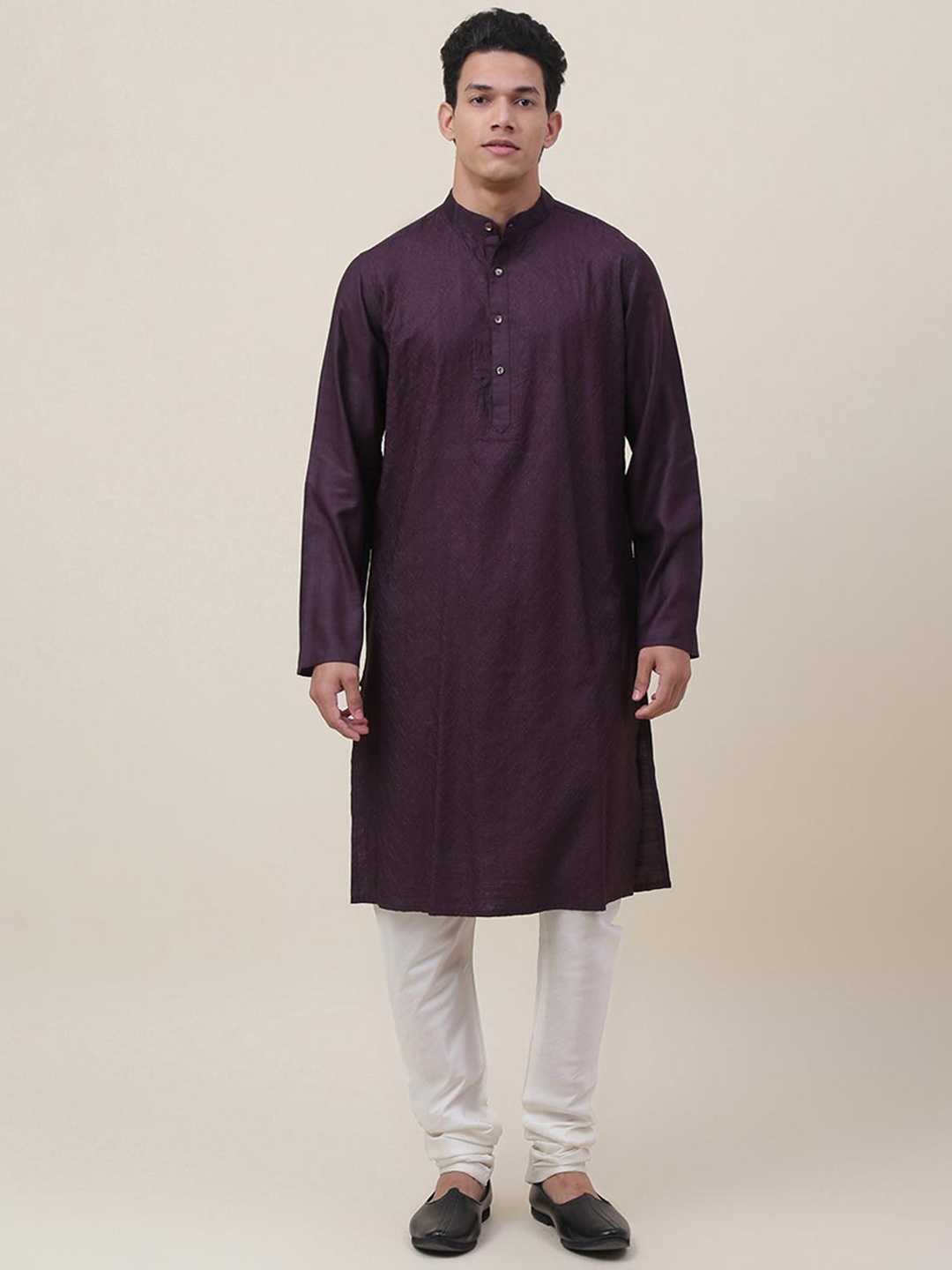 

Fabindia Ethnic Motifs Embroidered Band Collar Kurta, Purple