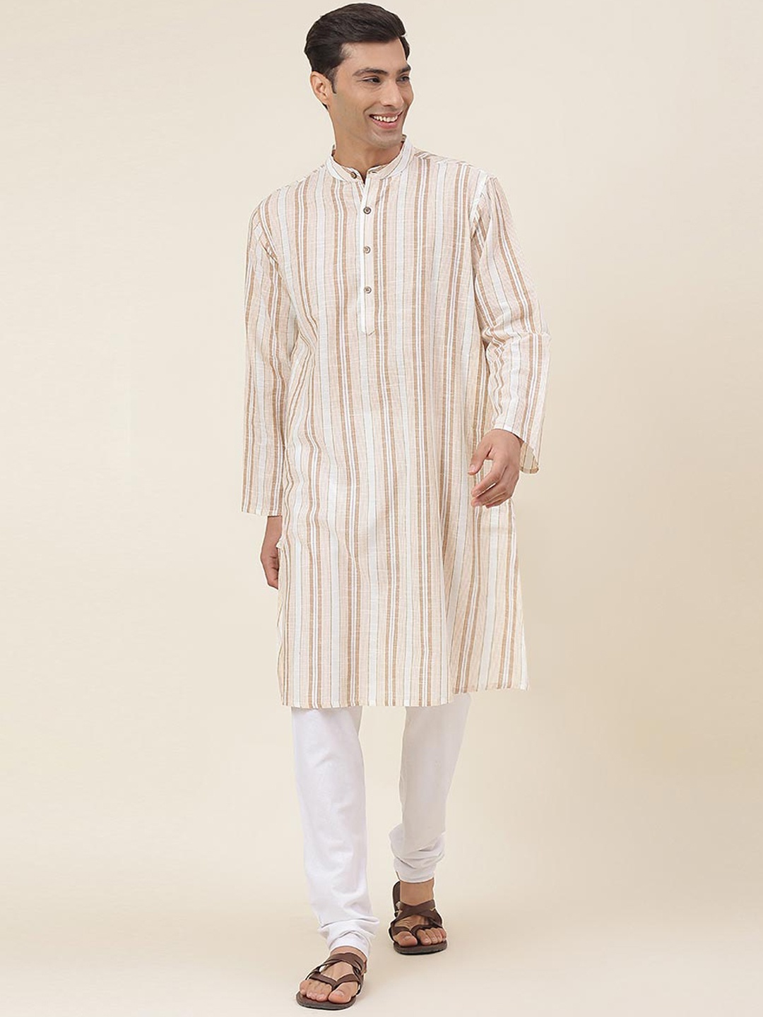 

Fabindia Striped Band Collar Cotton Kurta, White
