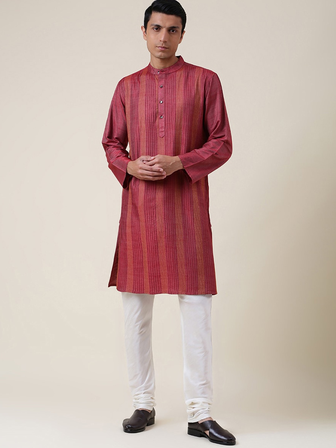 

Fabindia Striped Pintucks Thread Work Band Collar Kurta, Red