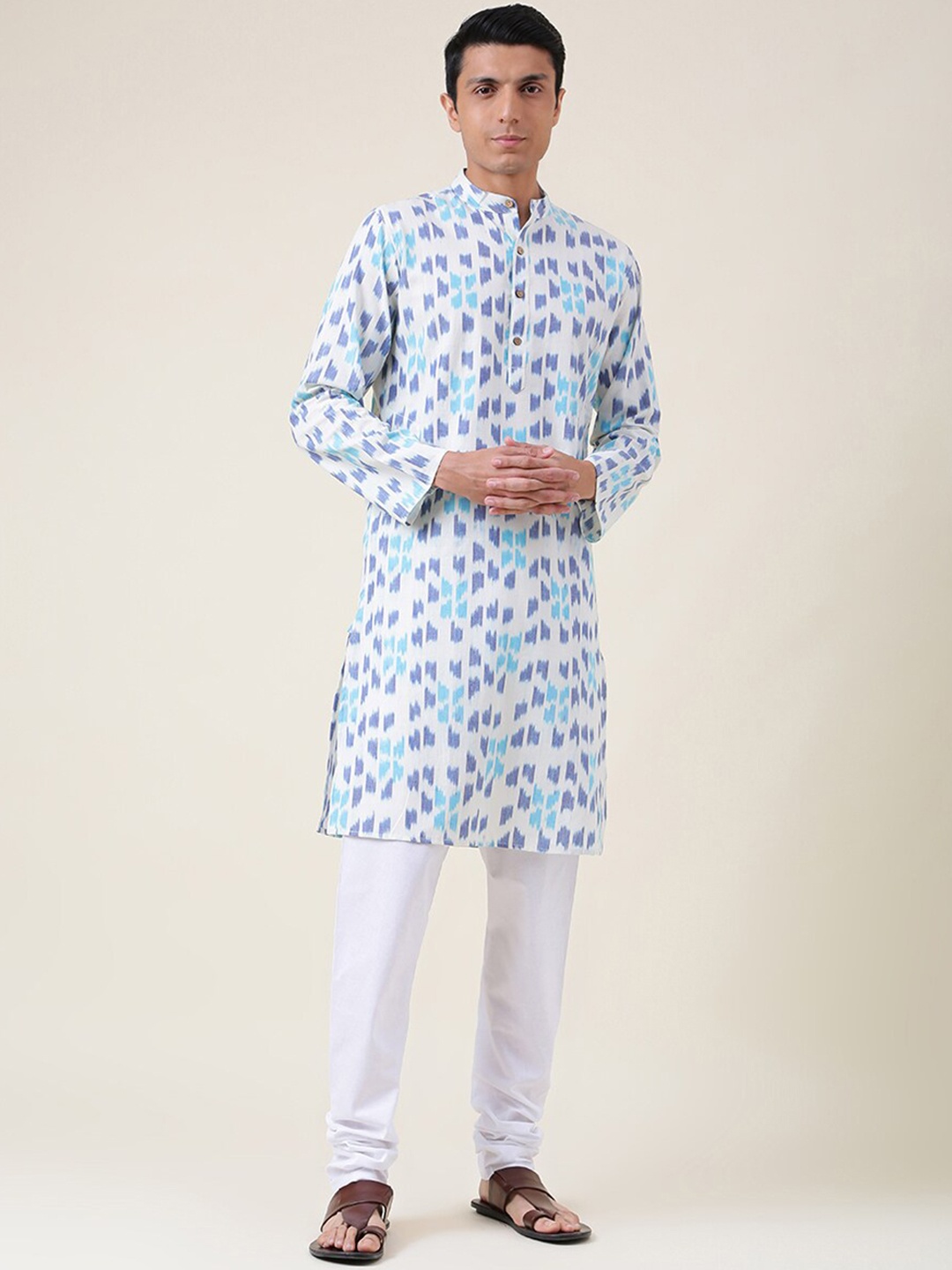 

Fabindia Abstract Printed Band Collar Cotton Kurta, White