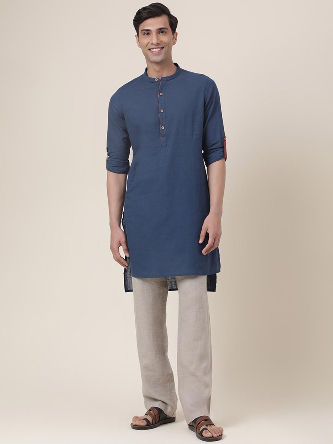 

Fabindia FabBasic Band Collar High Low Cotton Kurta, Navy blue