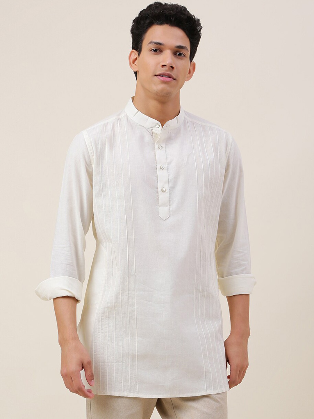 

Fabindia Pintucks Band Collar Panelled Cotton Kurta, White