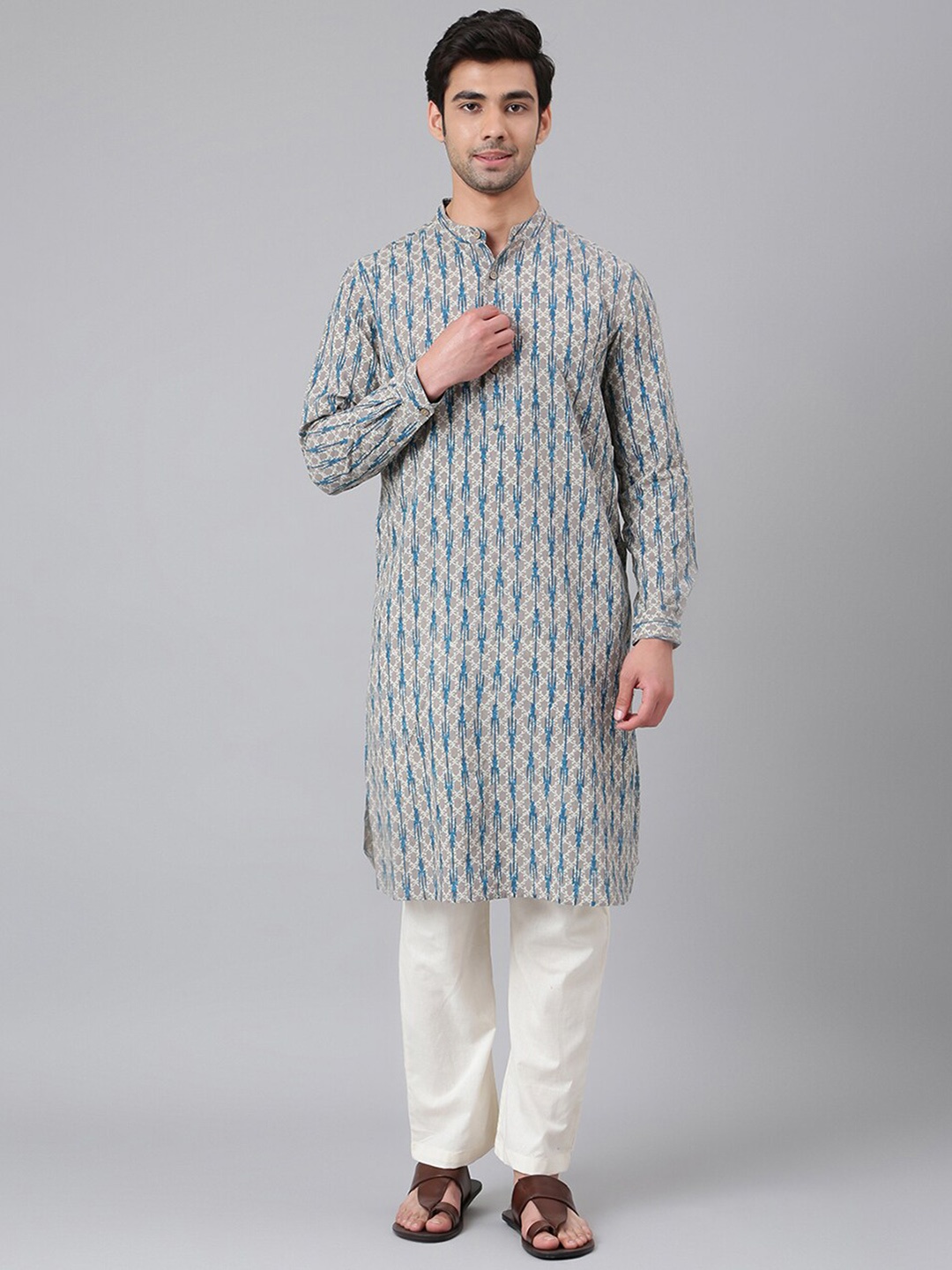 

Fabindia Ethnic Motifs Printed Curved Cotton Kurta, Grey