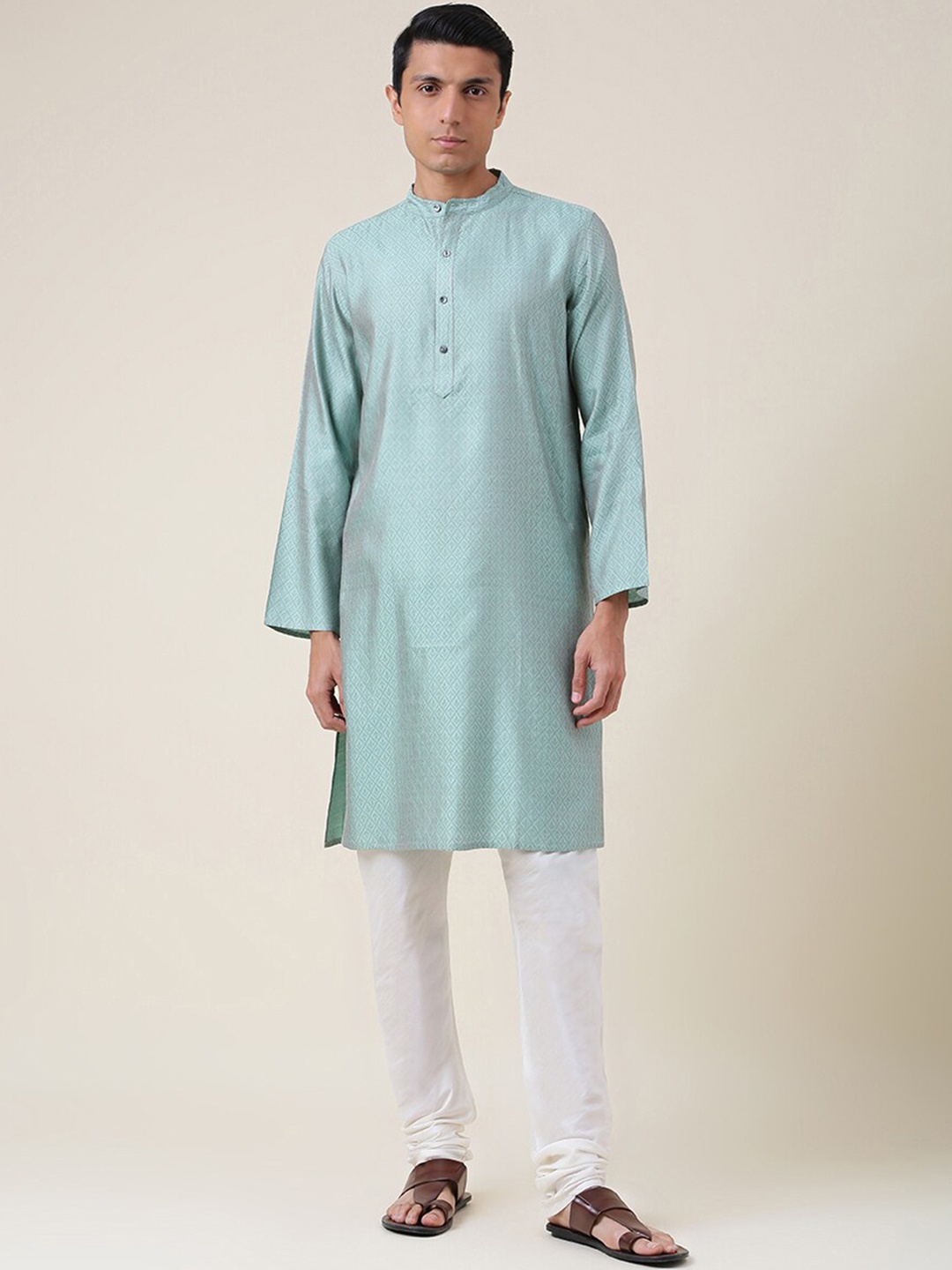 

Fabindia Ethnic Motifs Woven Design Band Collar Kurta, Sea green