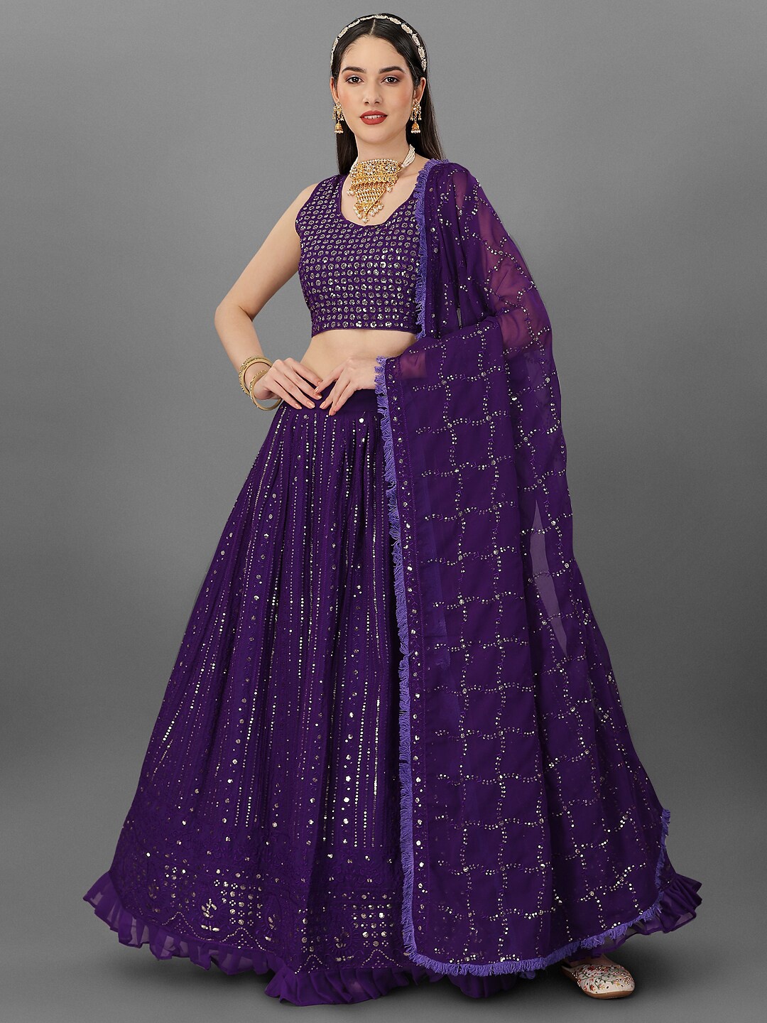 

Angroop Embroidered Mirror Work Semi-Stitched Lehenga & Unstitched Blouse With Dupatta, Purple