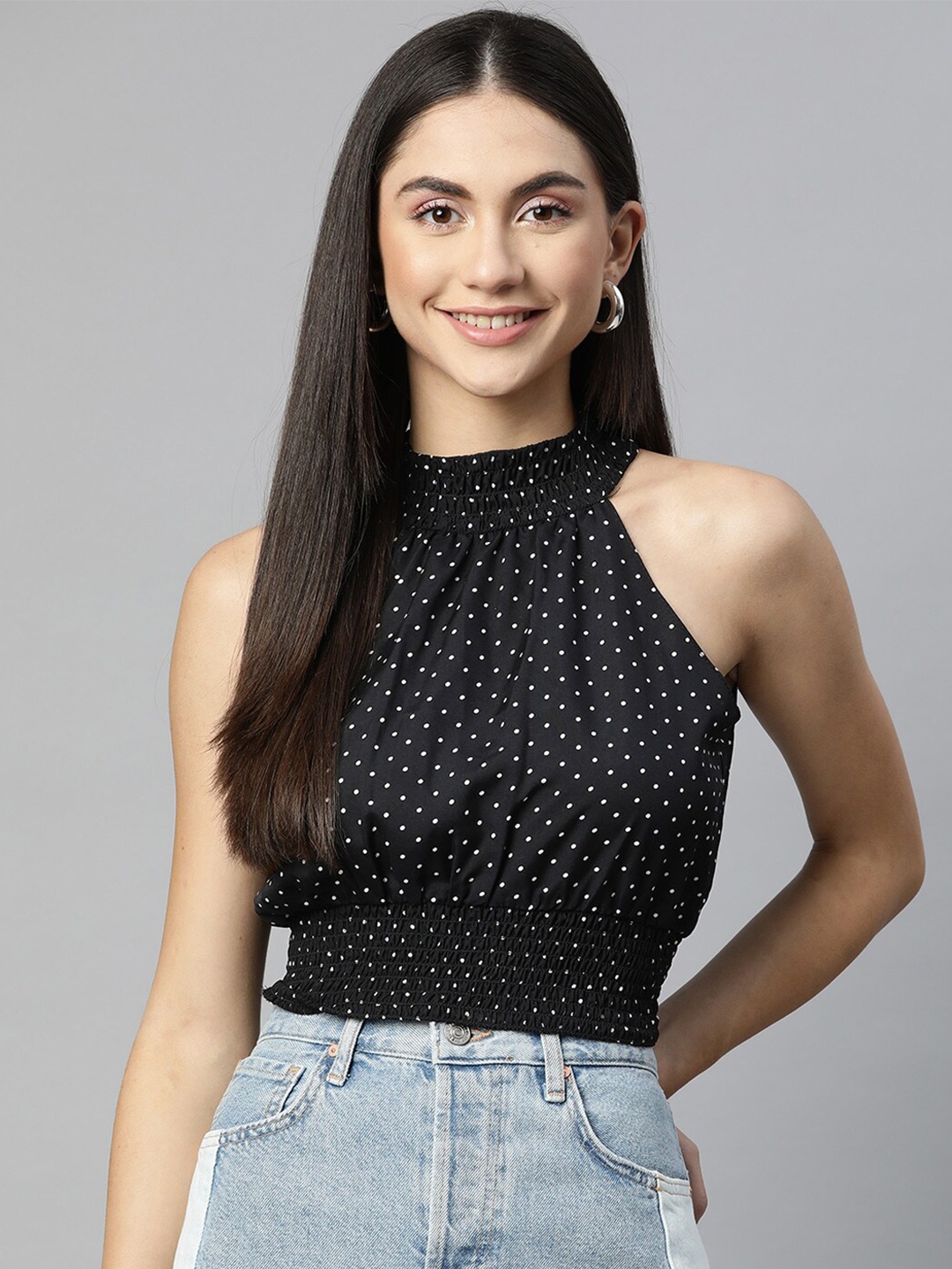 

Sleek Italia Polka Dot Printed Smocked High Neck Crop Cinched Waist Top, Black