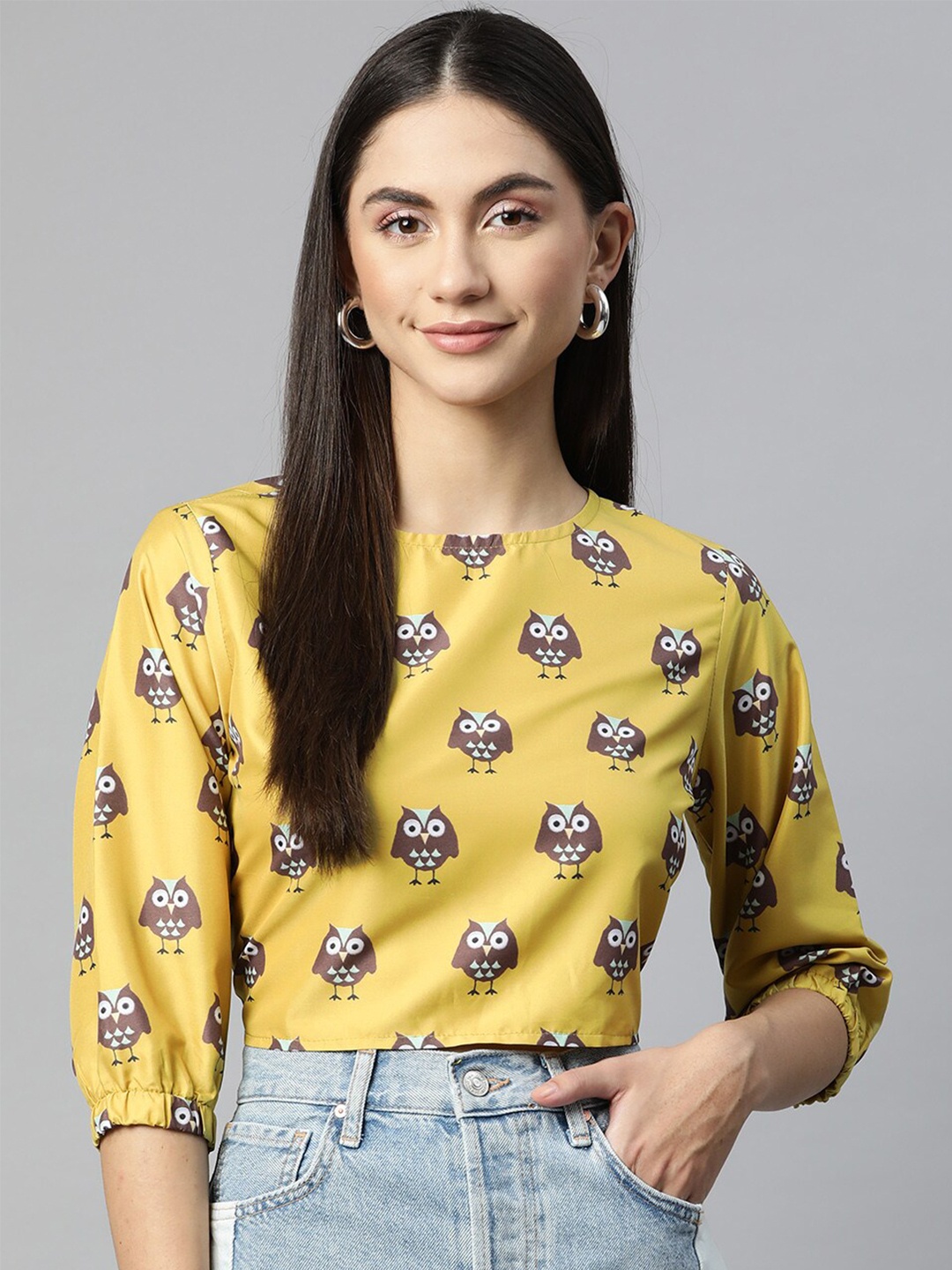 

Sleek Italia Printed Puff Sleeve Crop Regular Top, Yellow