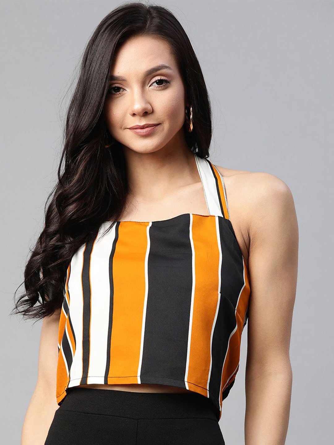 

Sleek Italia Striped Tie-Up Neck Fitted Crop Top, Mustard