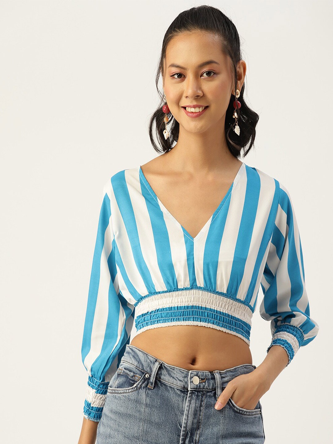 

Sleek Italia Striped Smocked Crop Cinched Waist Top, Blue