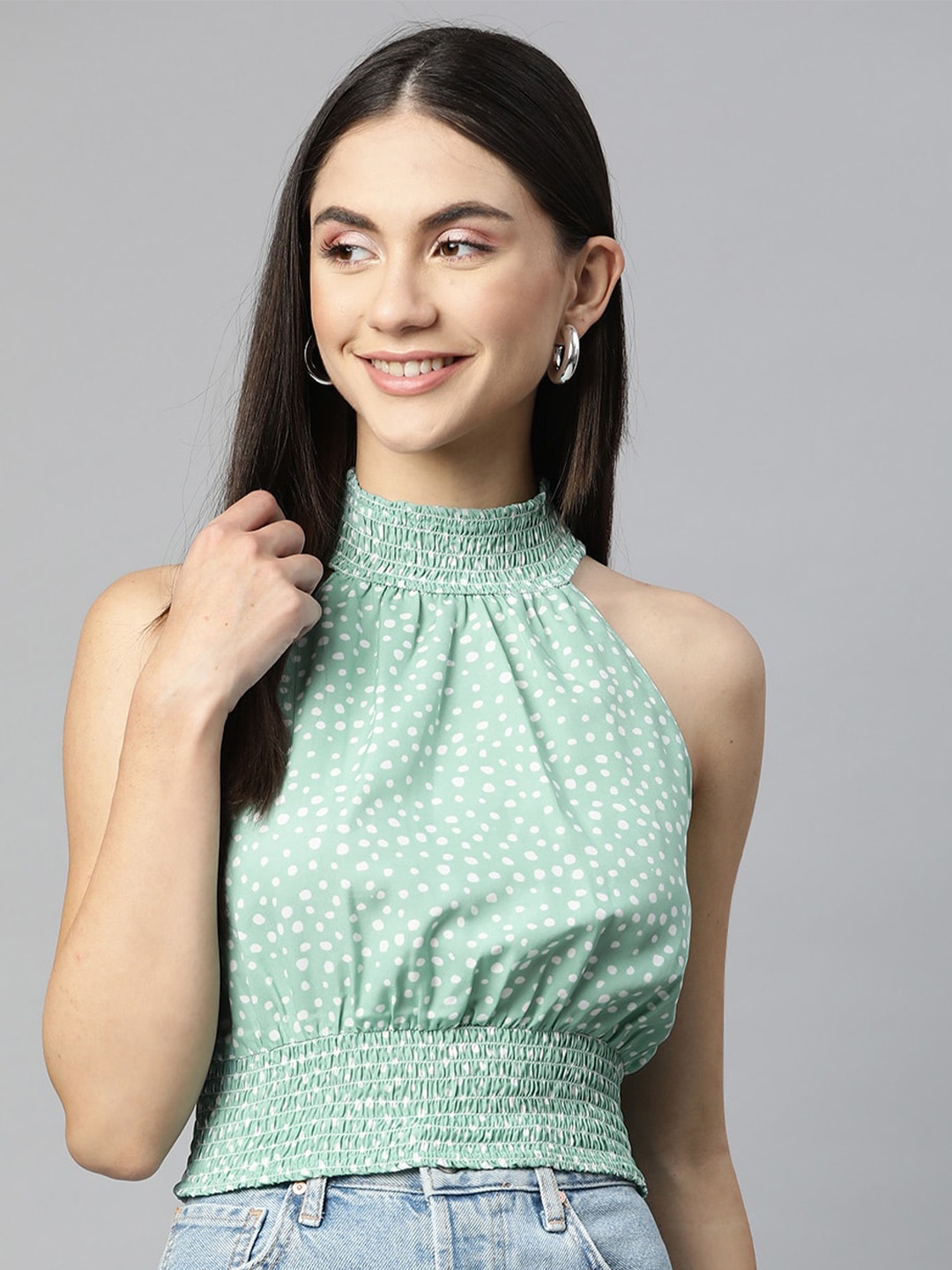 

Sleek Italia Abstract Printed Halter Neck Smocked Crepe Blouson Crop Top, Green