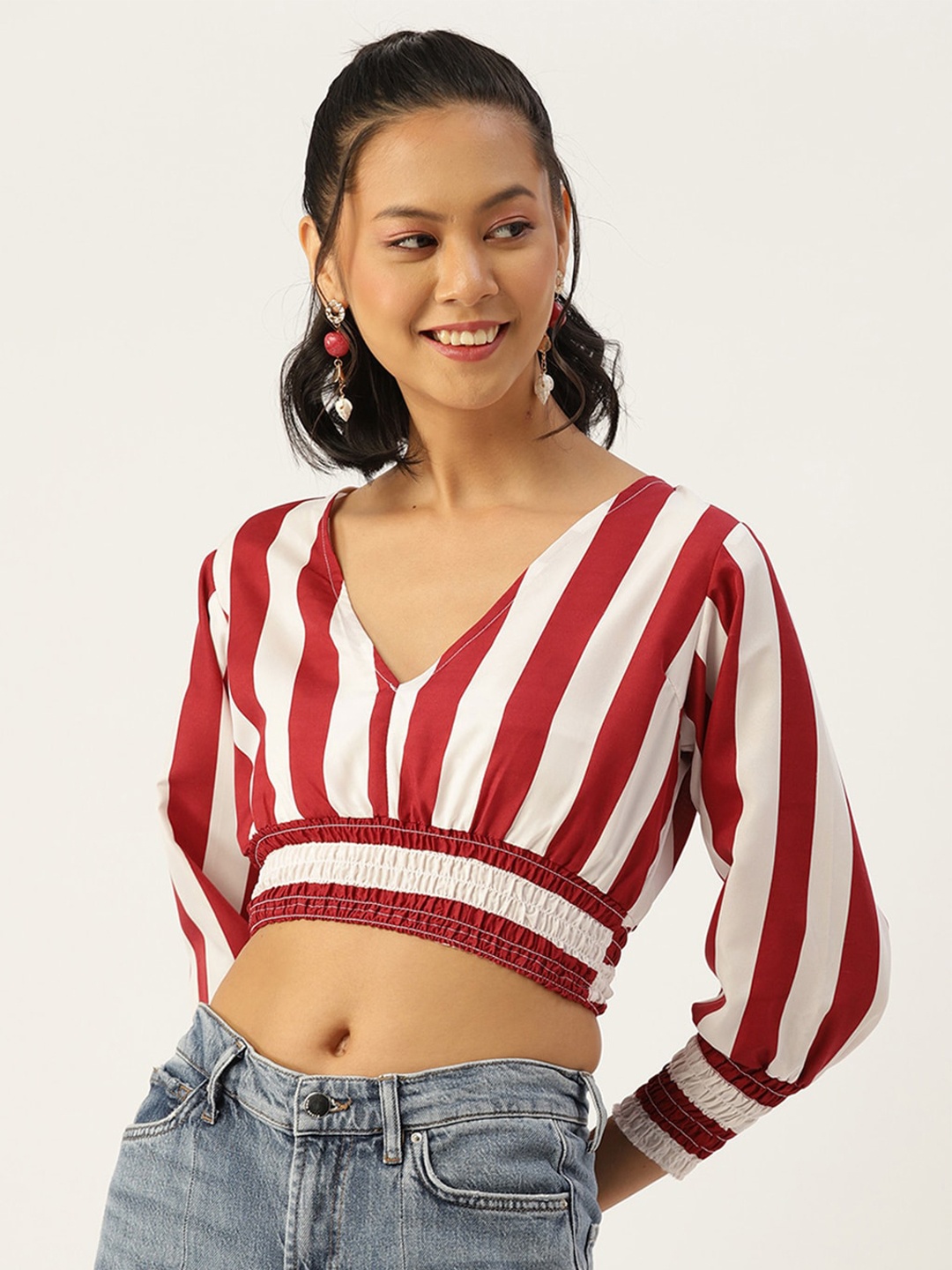 

Sleek Italia Striped Smocked Crop Cinched Waist Top, Maroon