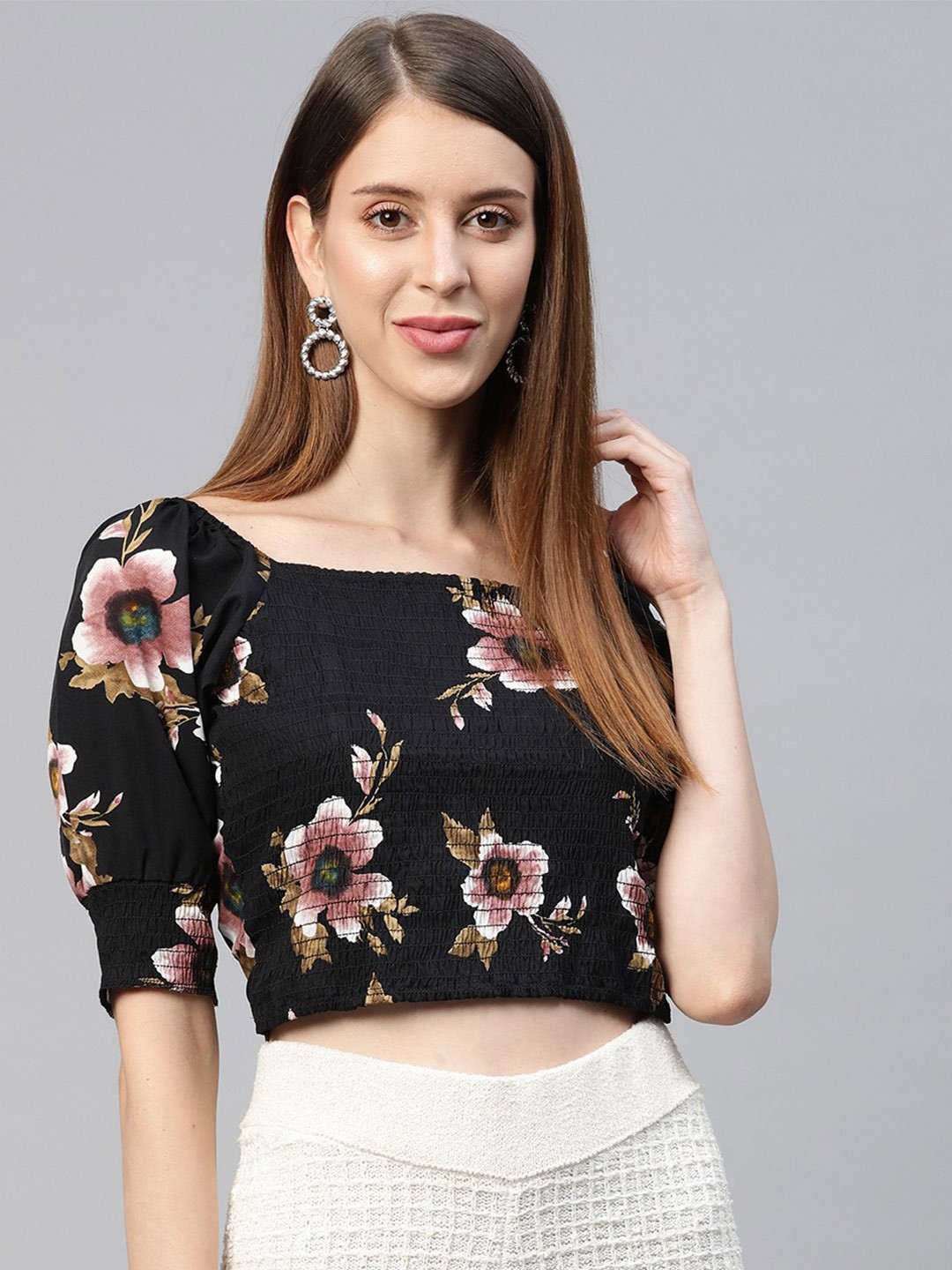 

Sleek Italia Floral Printed Smocked Crop Regular Top, Black