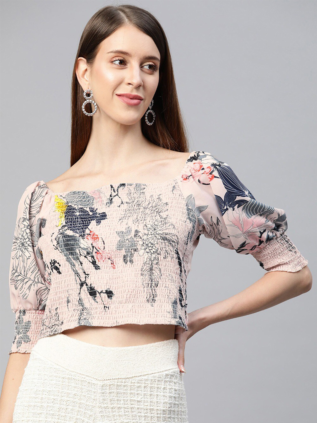

Sleek Italia Floral Printed Smocked Crop Regular Top, Beige