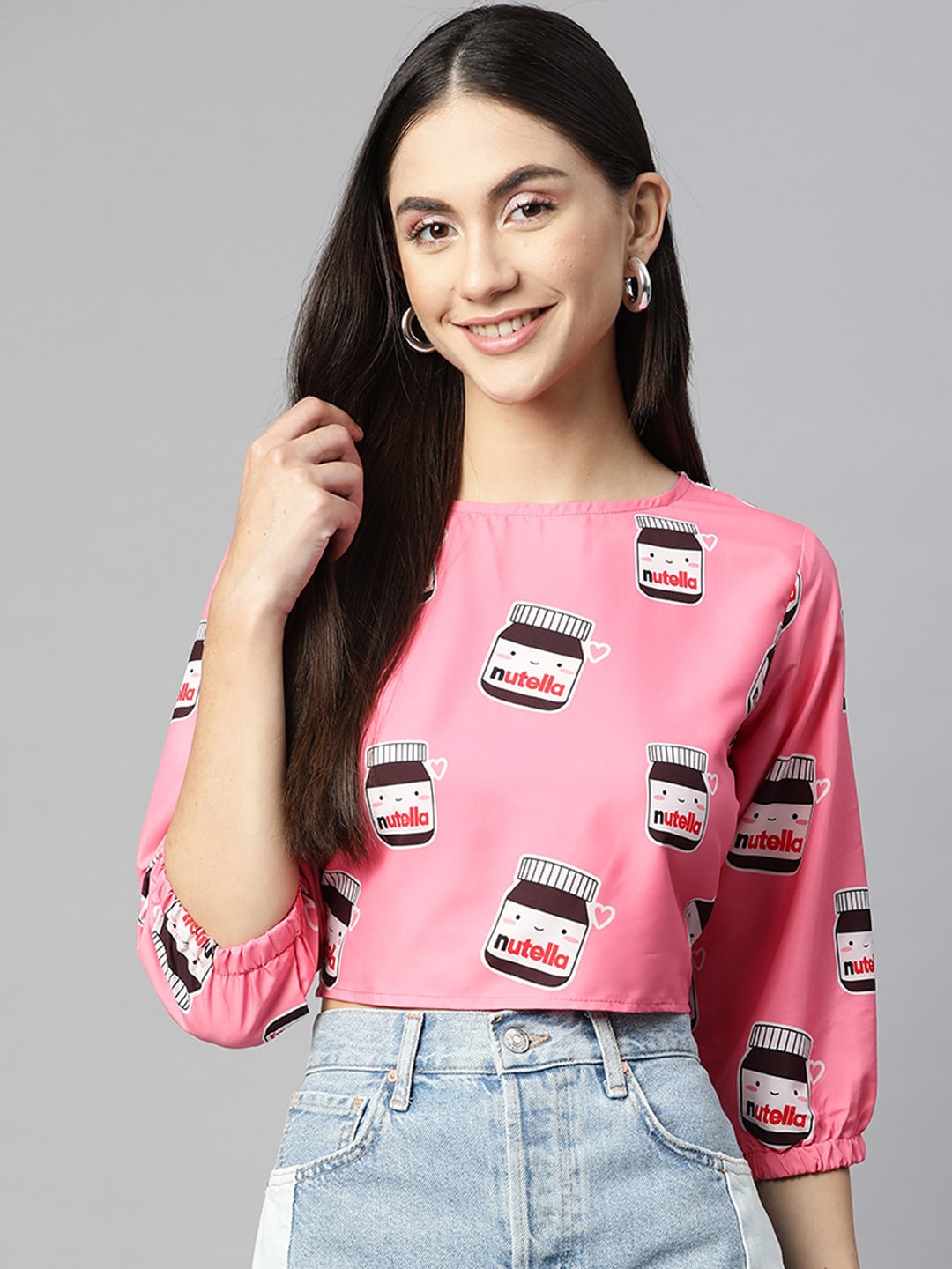 

Sleek Italia Printed Puff Sleeve Crop Regular Top, Pink