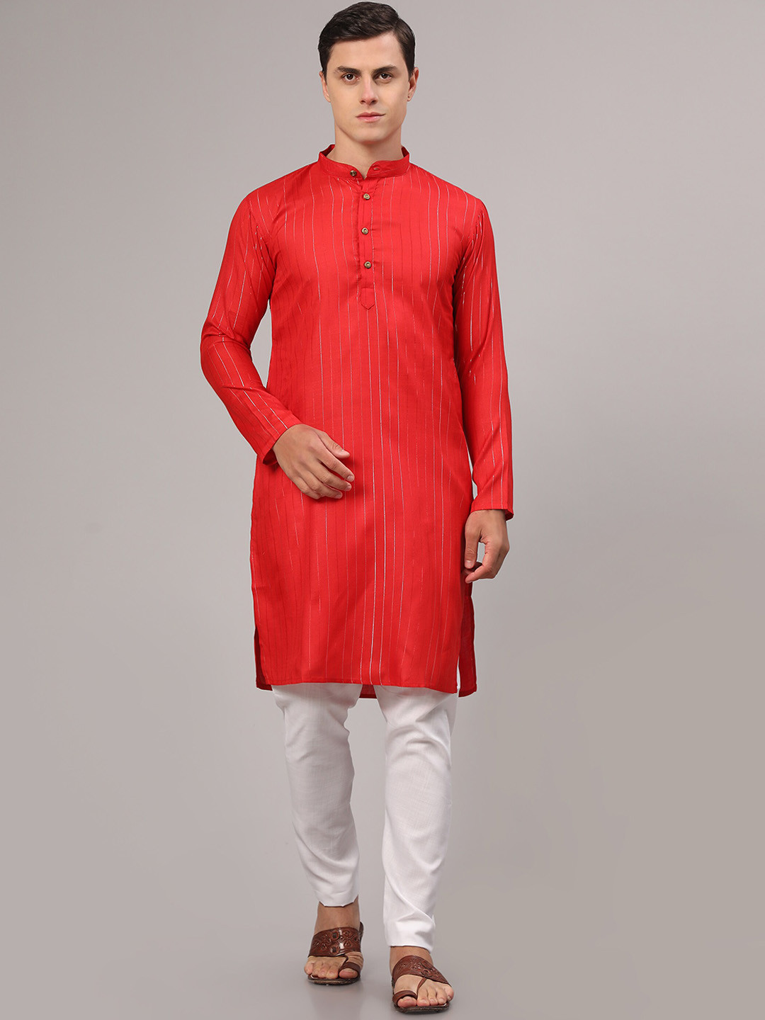 

Murta Trends Band Collar Striped Kurta with Pyjamas, Red
