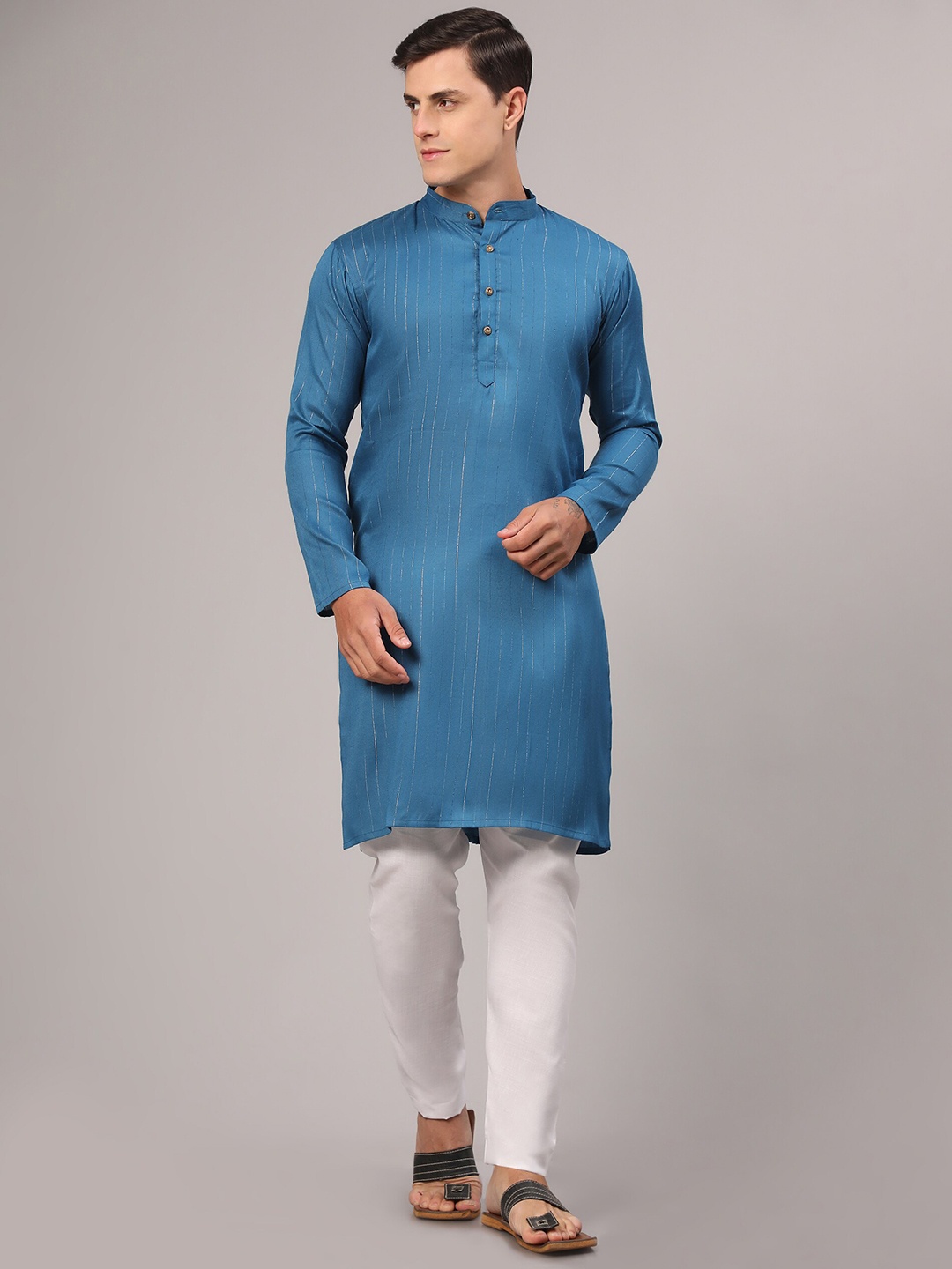 

Murta Trends Striped Band Collar Kurta with Pyjamas, Teal