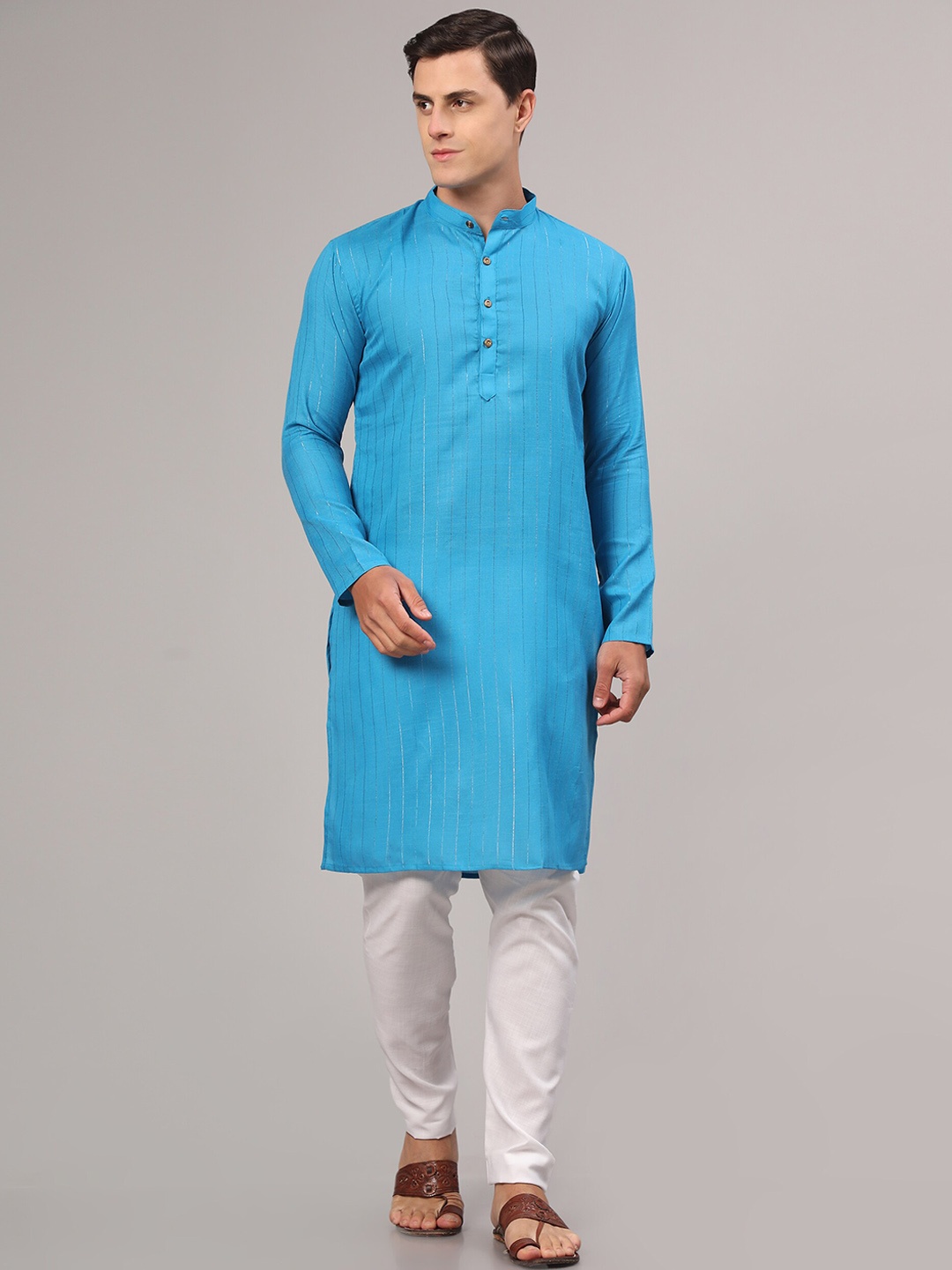 

Murta Trends Striped Band Collar Kurta with Pyjamas, Turquoise blue