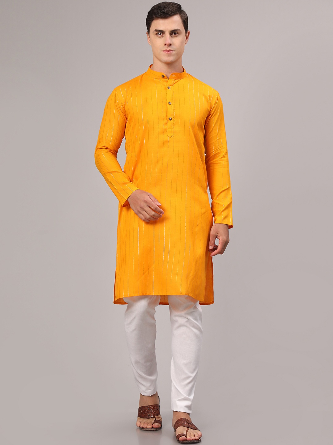 

Murta Trends Mandarin Collar Striped Regular Kurta with Pyjamas, Mustard