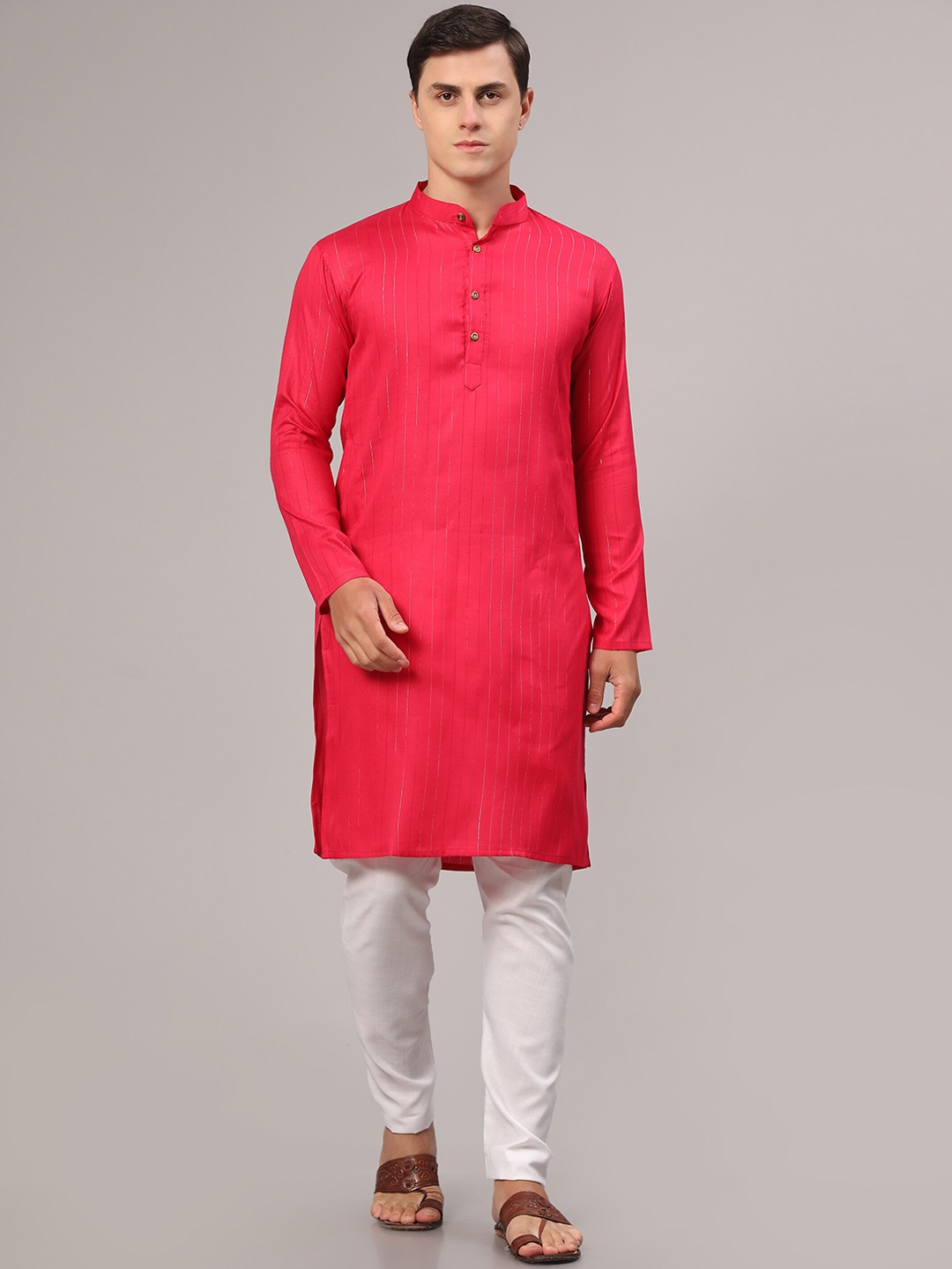 

Murta Trends Mandarin Collar Striped Regular Kurta with Pyjamas, Pink