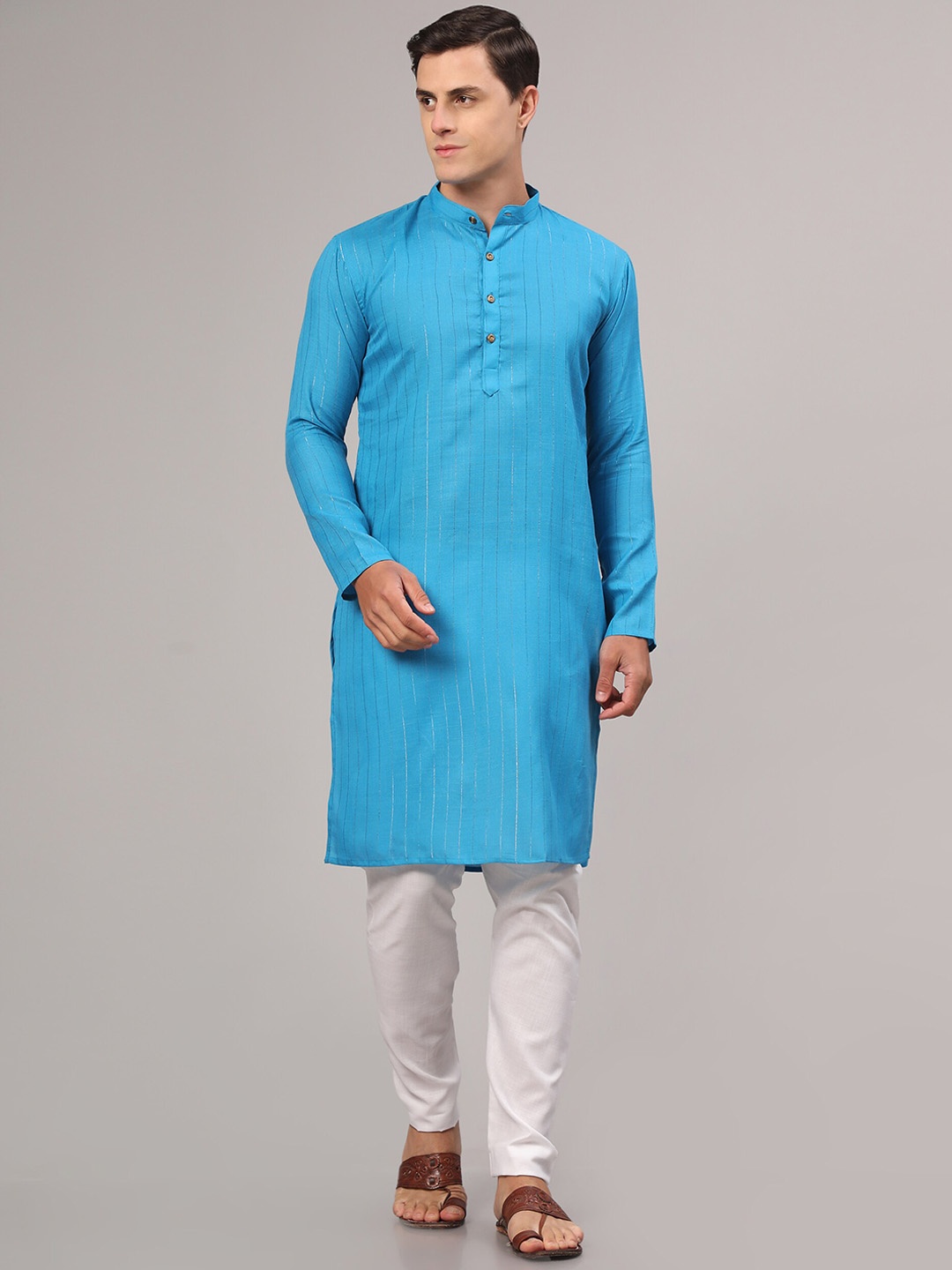 

Murta Trends Mandarin Collar Striped Regular Kurta with Pyjamas, Turquoise blue