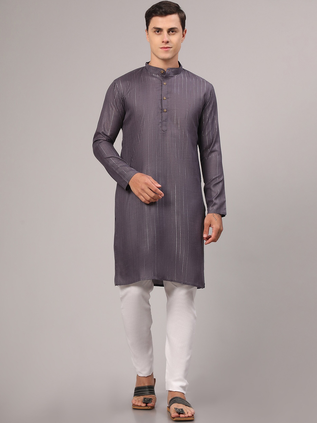 

Murta Trends Striped Band Collar Kurta with Pyjamas, Grey